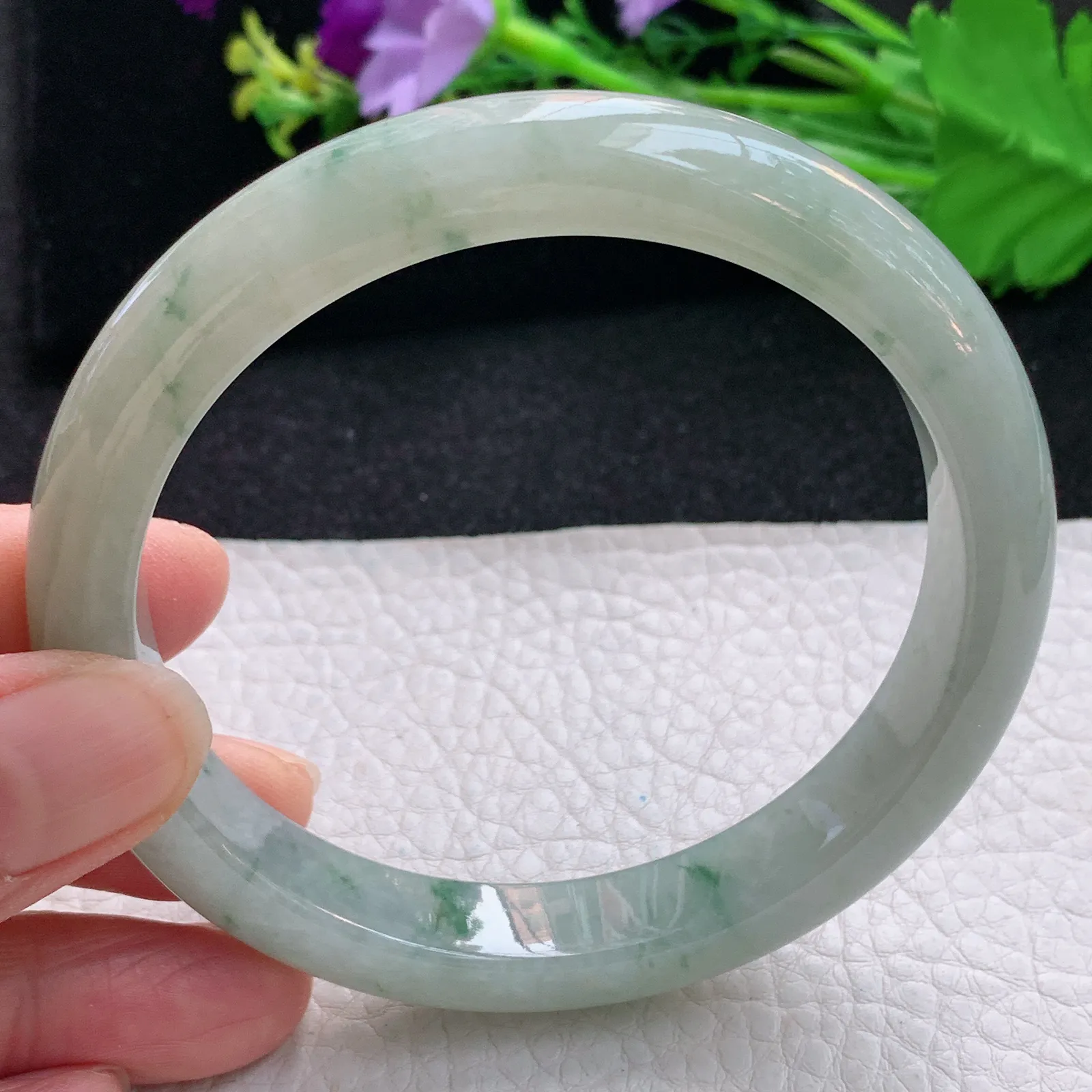 xx大圈口63*11.3*8.5平安镯 翡翠a货玉手镯冰飘花宽边玉手环