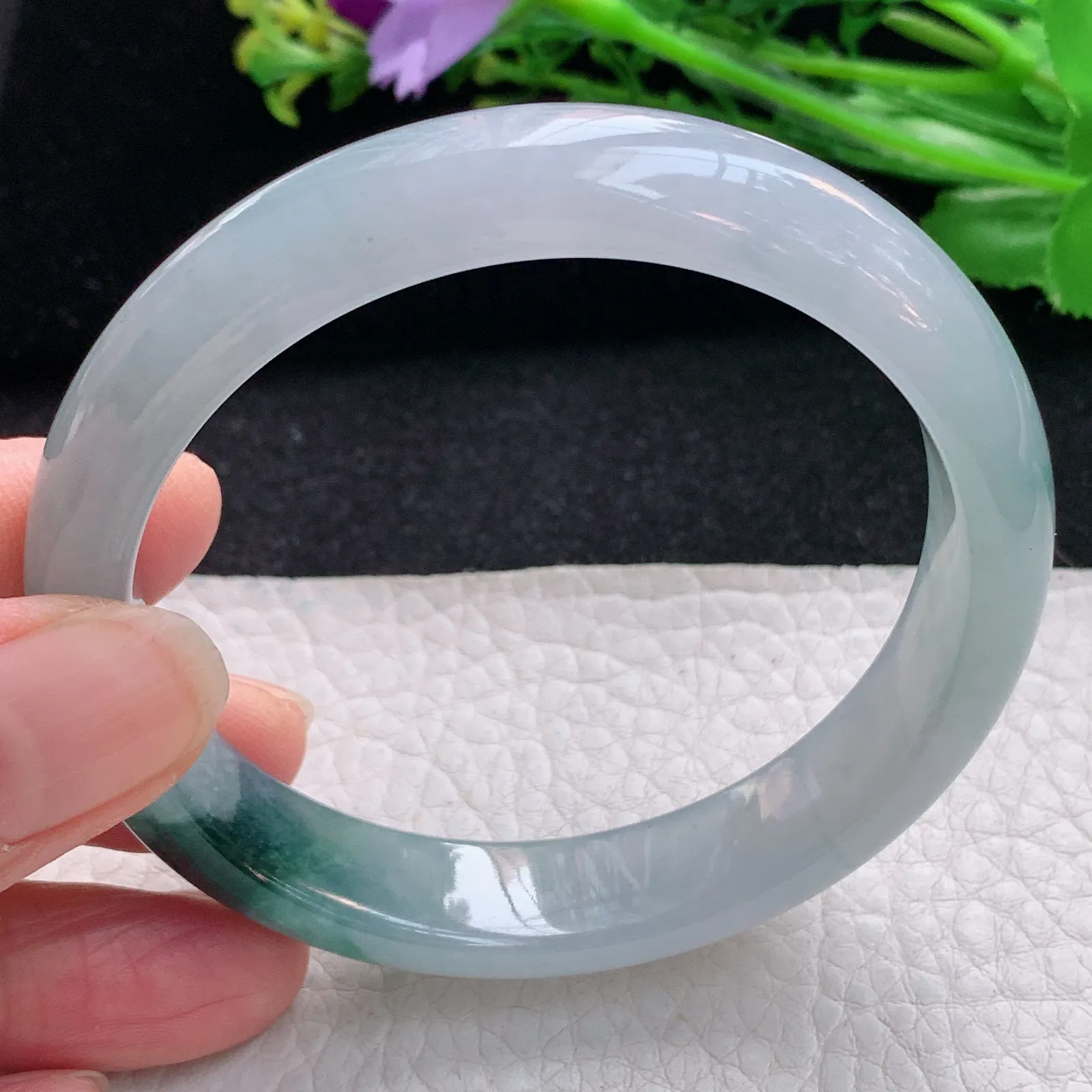 js自然光57.5*12.5*7.5平安镯 天然缅甸翡翠冰飘花宽边玉手镯 珠宝玉手环