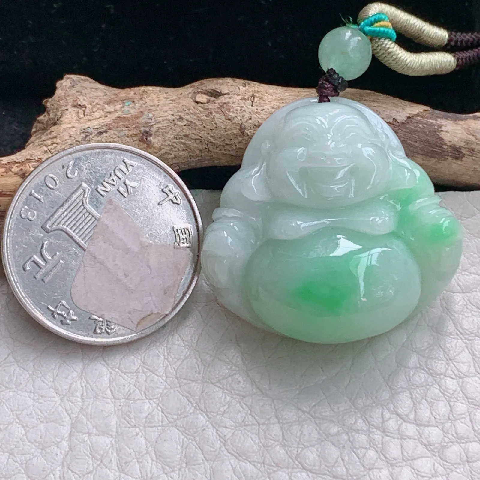 zen自然光30.8*32*12.5缅甸翡翠a货饱满飘绿佛公 弥勒佛玉吊坠 玉挂件