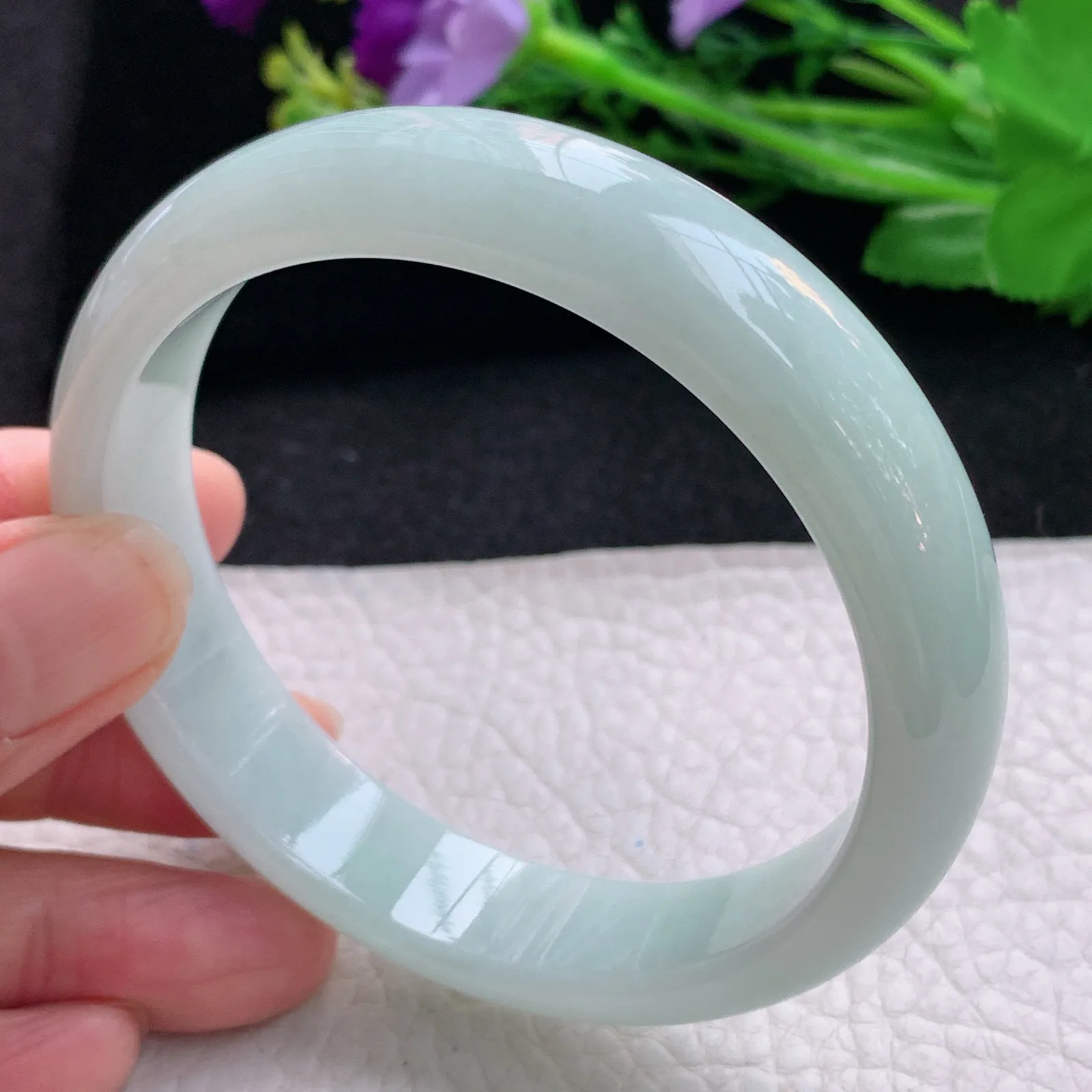 nr大圈口60*13.8*7.6平安镯 天然缅甸翡翠水绿宽边玉手镯 珠宝玉手环