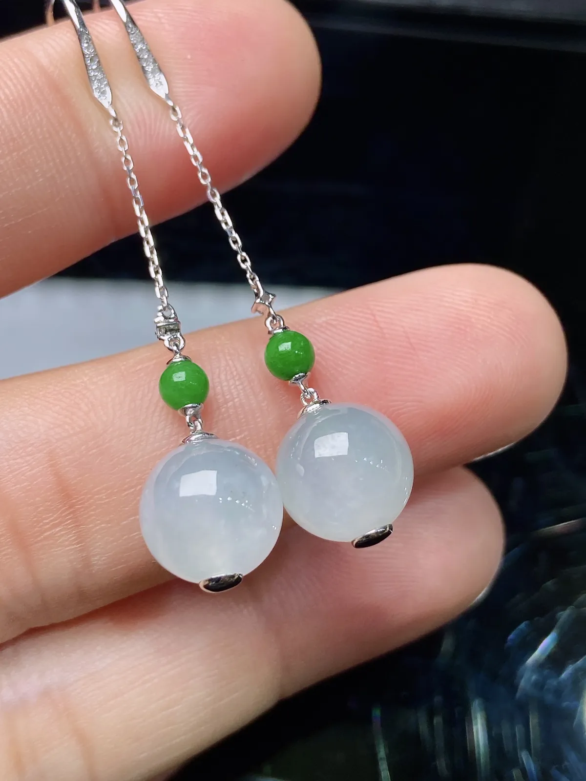 冰种圆珠耳坠，18k金镶嵌，简约时尚，冰润细腻，种水好 001y 直径9.7