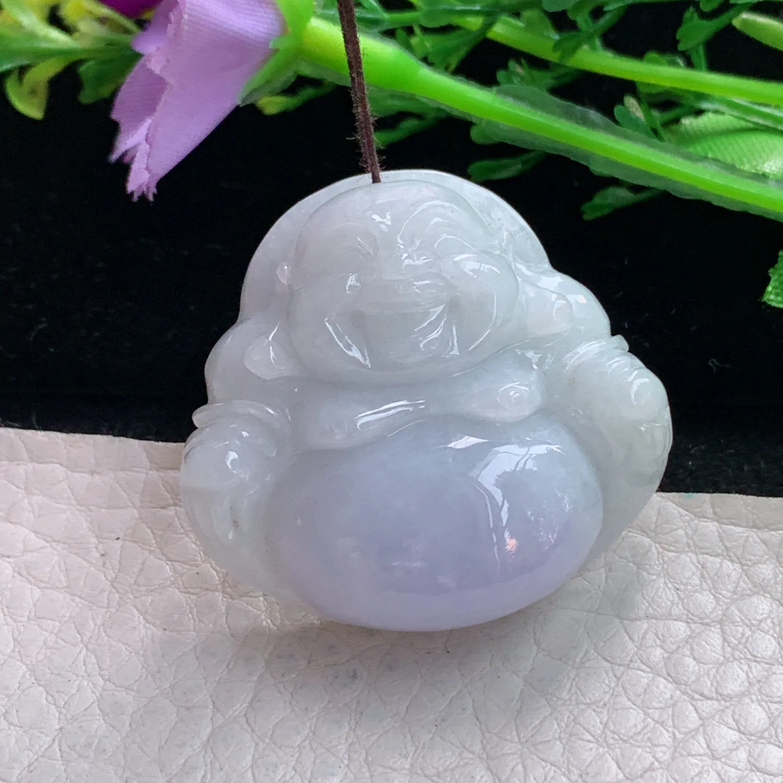 zen自然光34.8*37.5*12.3缅甸翡翠a货饱满甜美紫罗兰佛公 弥勒佛玉吊坠 玉挂件
