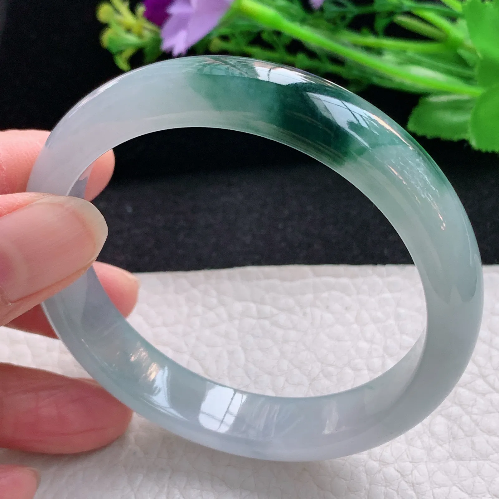 js自然光57.5*12.5*7.5平安镯 天然缅甸翡翠冰飘花宽边玉手镯 珠宝玉手环