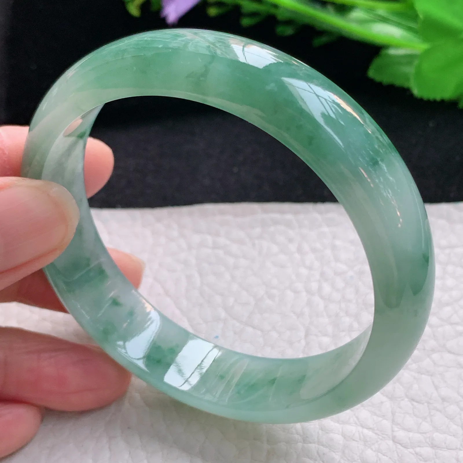 js自然光58*14.2*7.2平安镯 天然缅甸翡翠冰飘花宽边玉手镯 珠宝玉手环