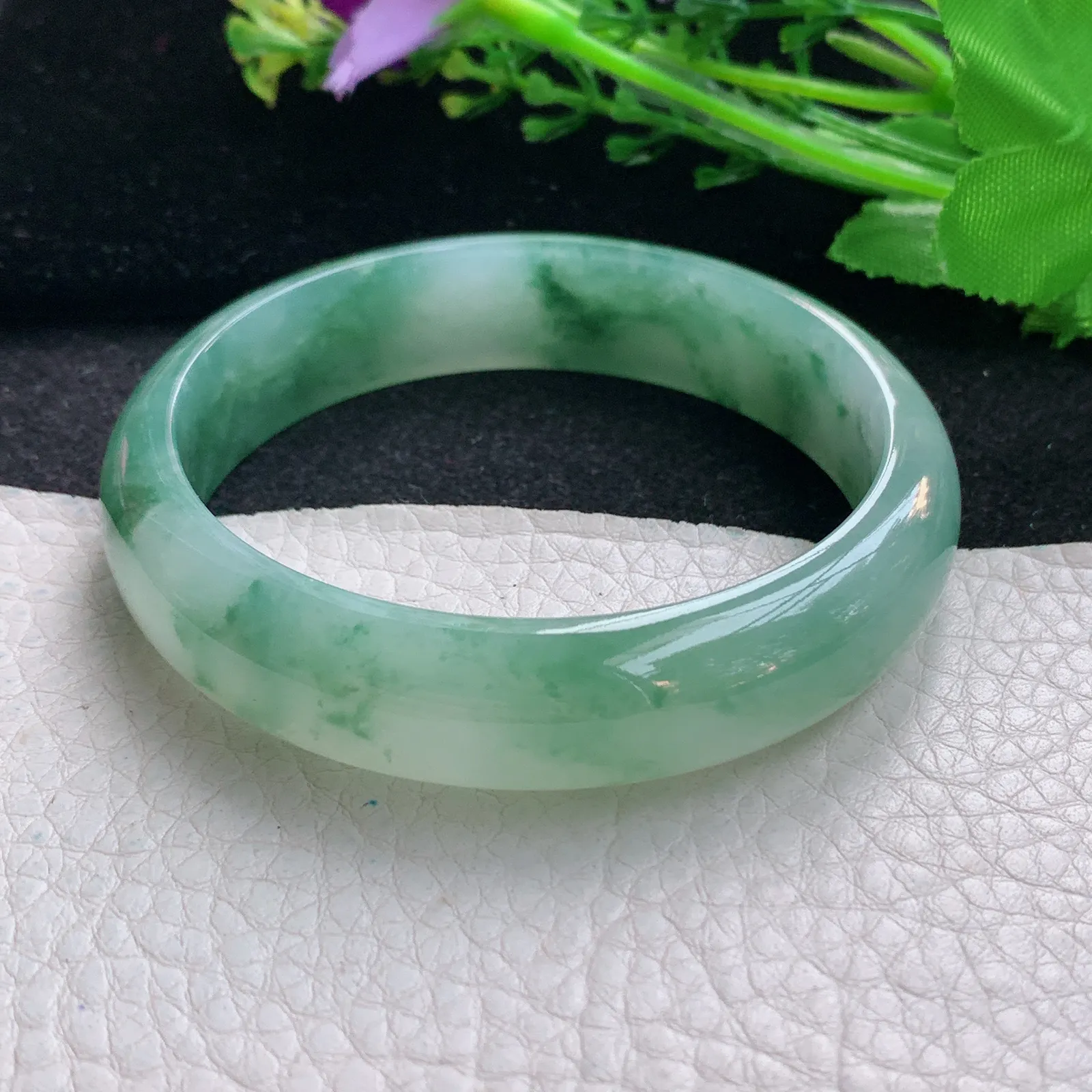 js自然光58*14.2*7.2平安镯 天然缅甸翡翠冰飘花宽边玉手镯 珠宝玉手环