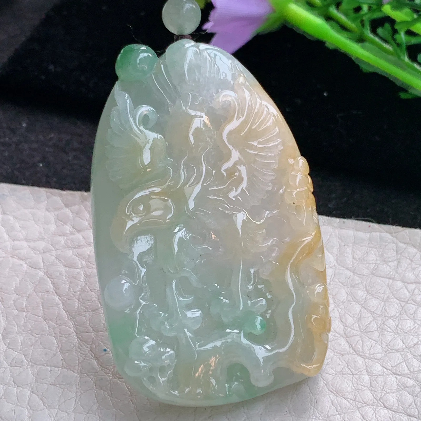 zen自然光58.6*37.8*9.9天然缅甸翡翠三彩大展鸿图玉吊坠 毛衣坠