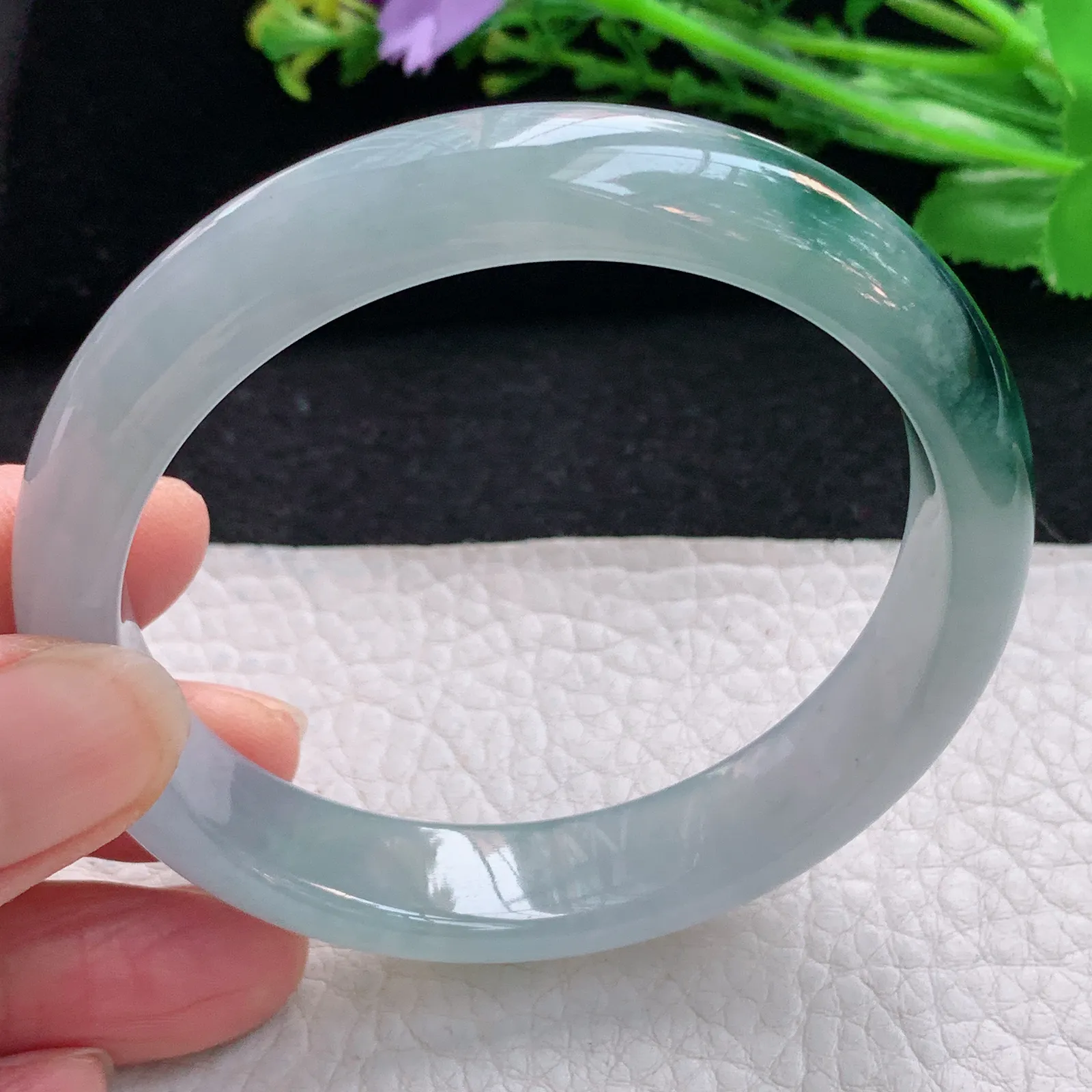 js自然光57.5*12.5*7.5平安镯 天然缅甸翡翠冰飘花宽边玉手镯 珠宝玉手环