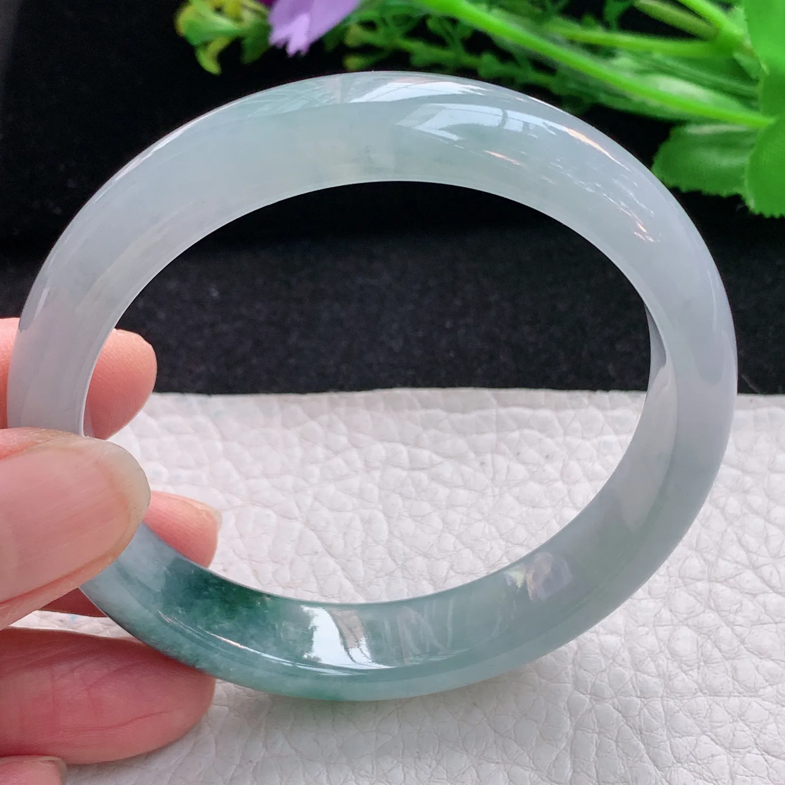 js自然光57.5*12.5*7.5平安镯 天然缅甸翡翠冰飘花宽边玉手镯 珠宝玉手环