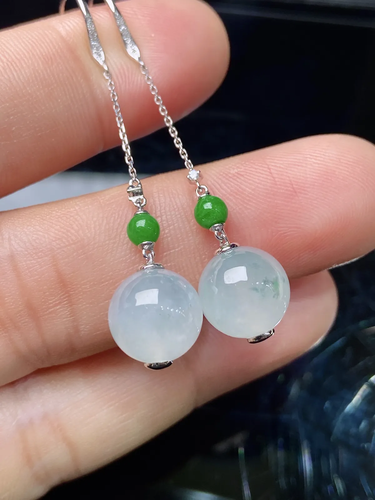 冰种圆珠耳坠，18k金镶嵌，简约时尚，冰润细腻，种水好 001y 直径9.7