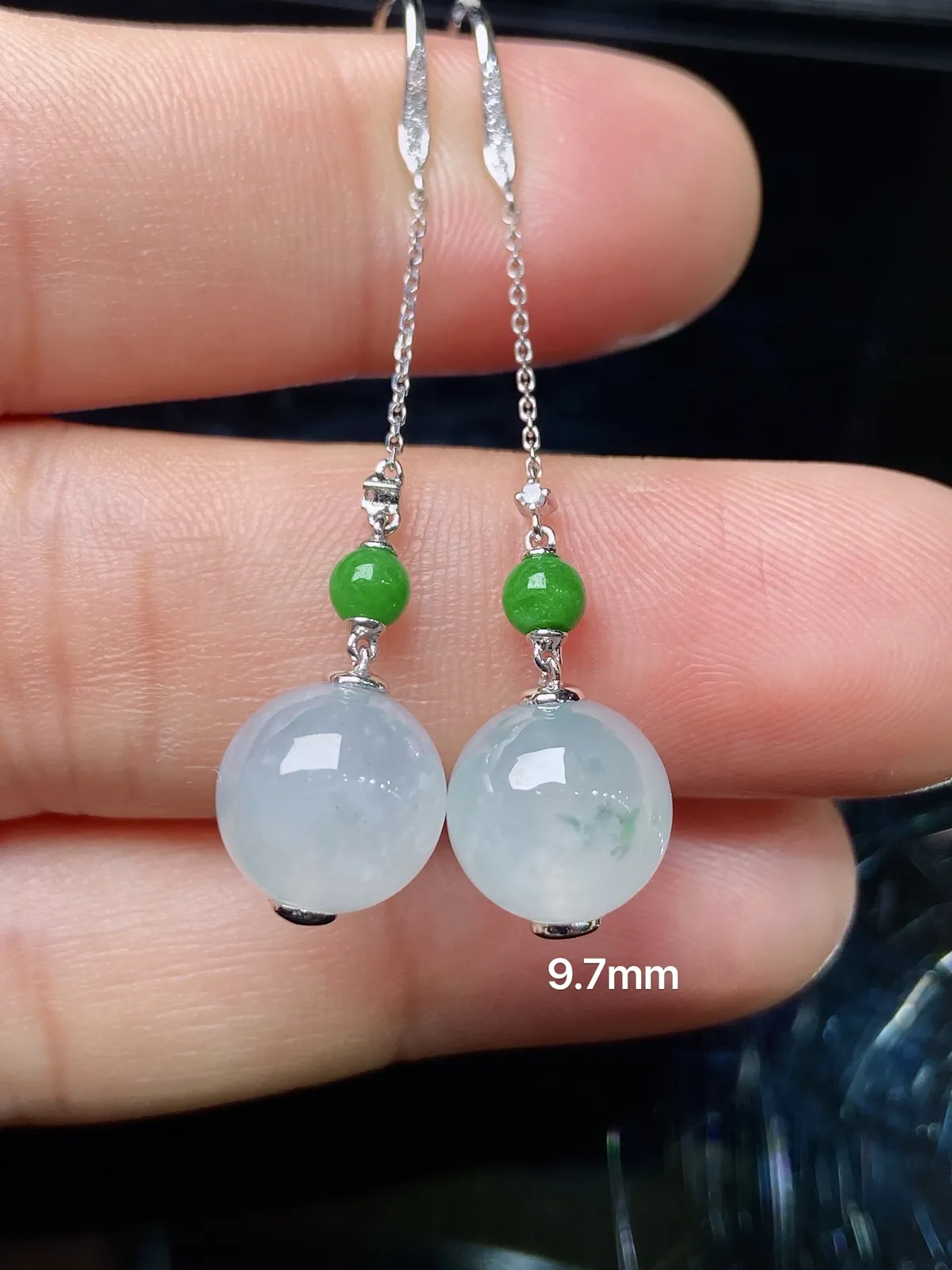 冰种圆珠耳坠，18k金镶嵌，简约时尚，冰润细腻，种水好 001y 直径9.7