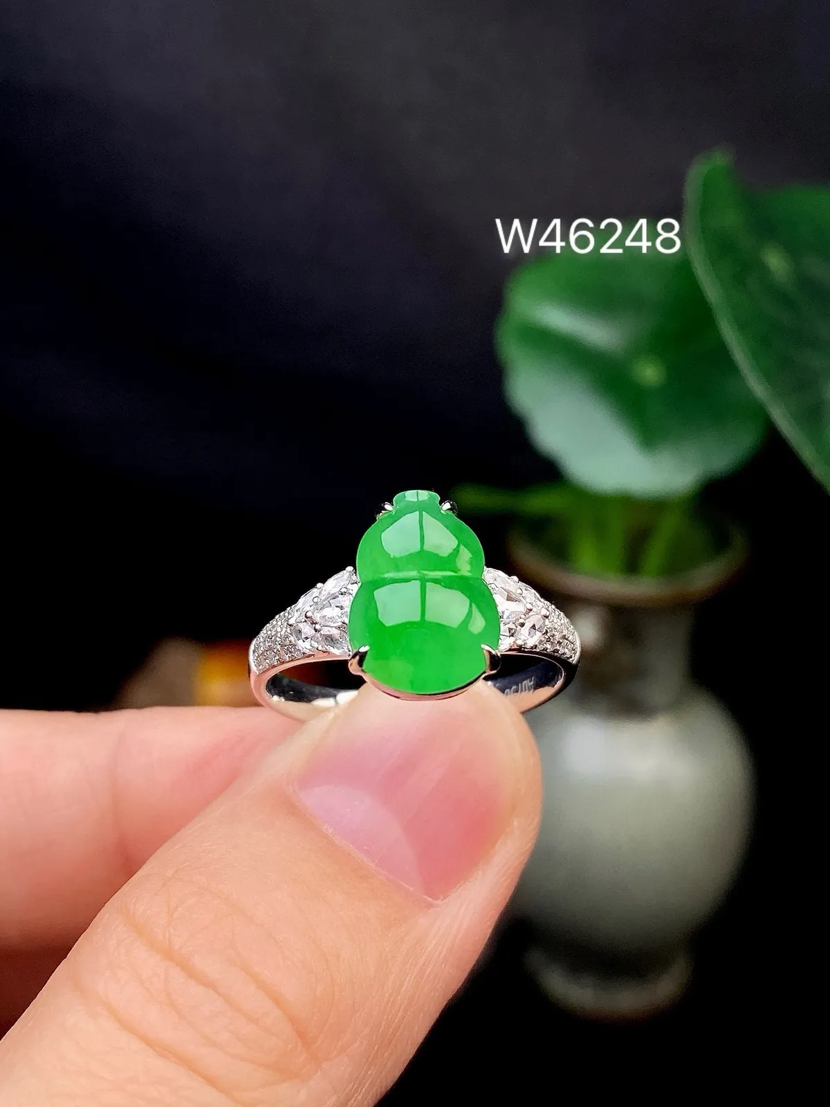 【冰种满绿葫芦戒指】质地细腻，冰润起光，胶感强烈，冰感明显，18K金钻精美镶嵌，裸石尺寸10.9*7