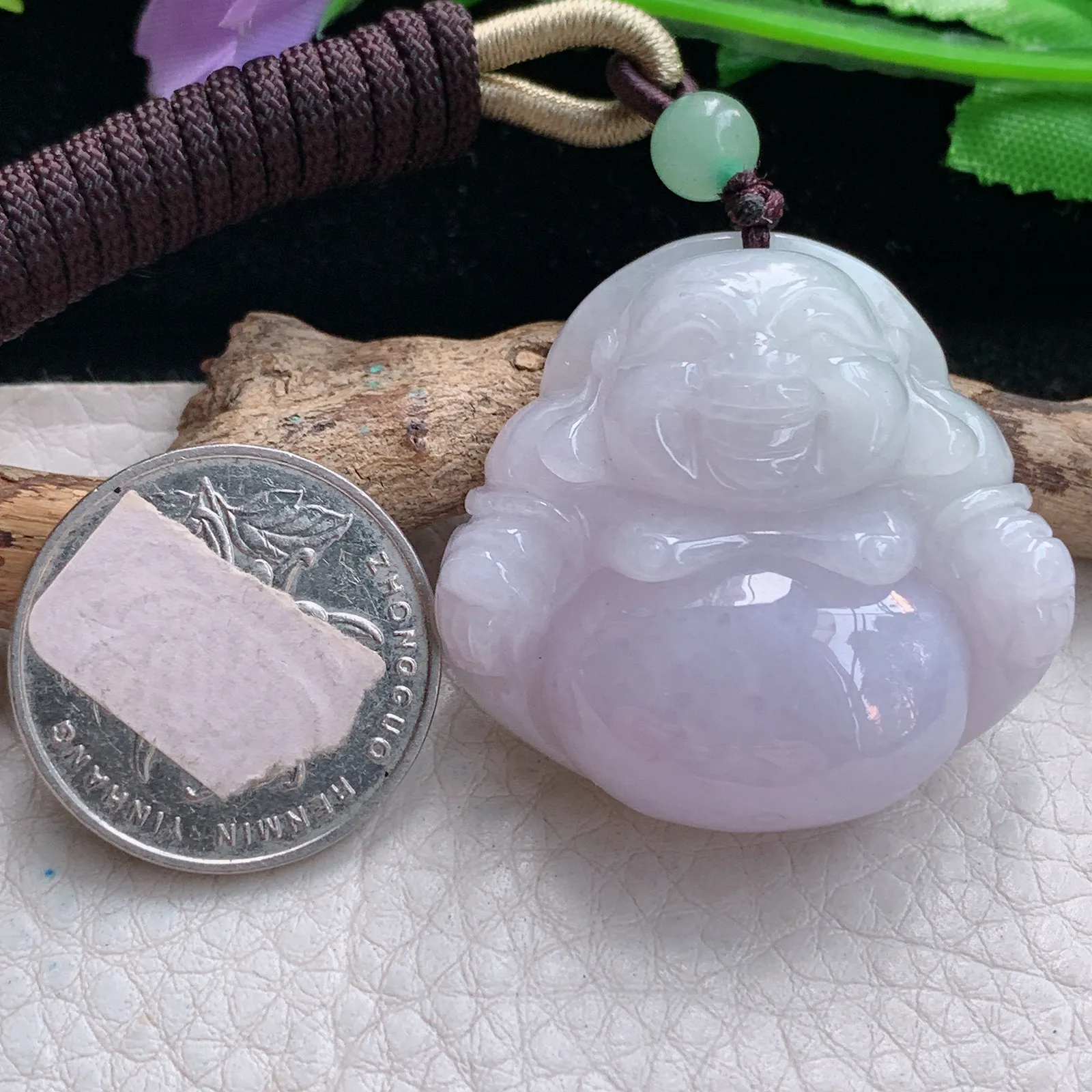 zen自然光35*37*12.8缅甸翡翠a货饱满粉紫佛公 弥勒佛玉吊坠 玉挂件