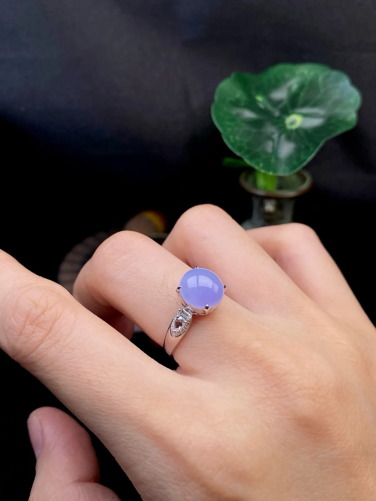 【冰种紫蛋面戒指】质地细腻，饱满度很好，晶莹剔透，18k金钻镶嵌，裸石尺寸9.1*8.9*4.4毫米