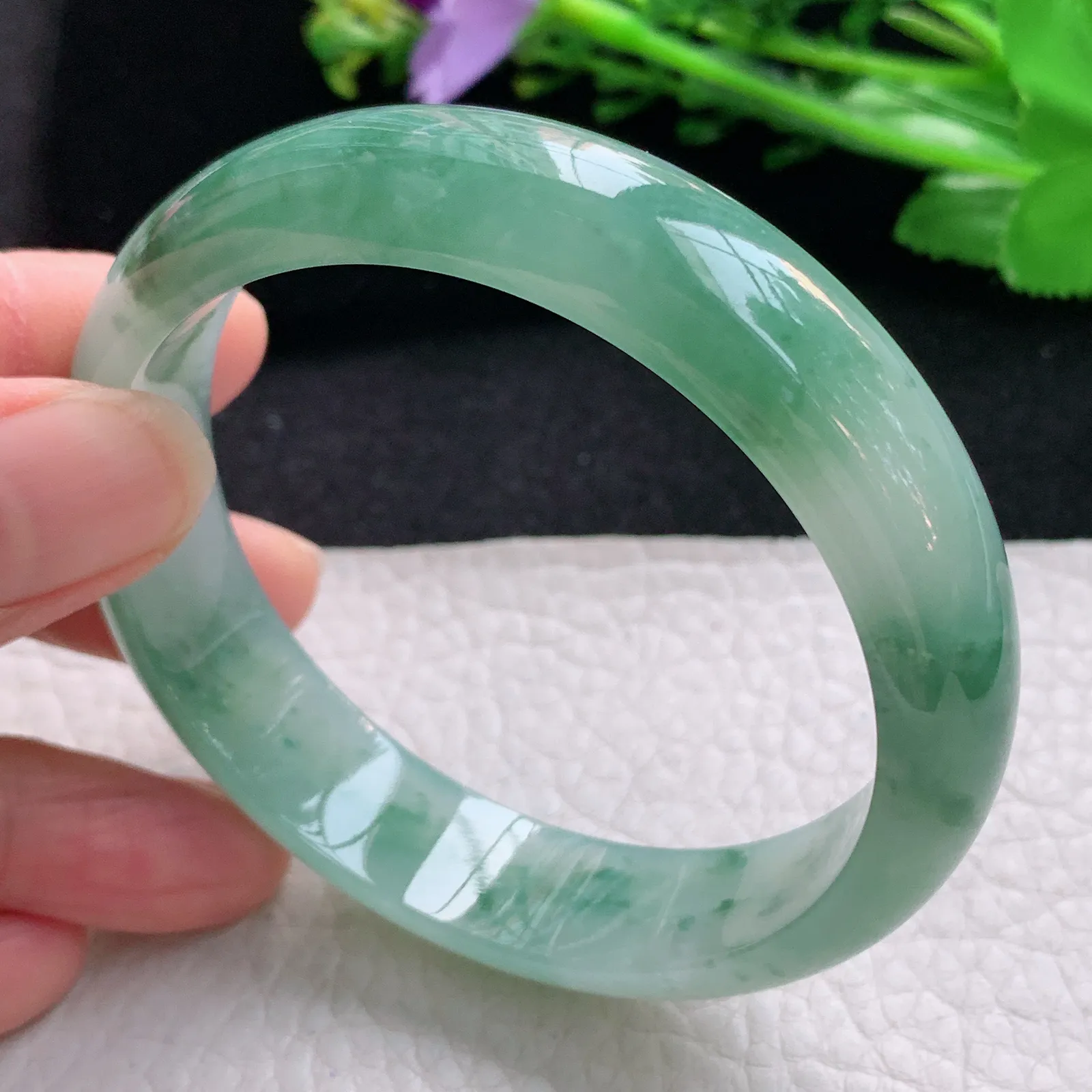 js自然光58*14.2*7.2平安镯 天然缅甸翡翠冰飘花宽边玉手镯 珠宝玉手环