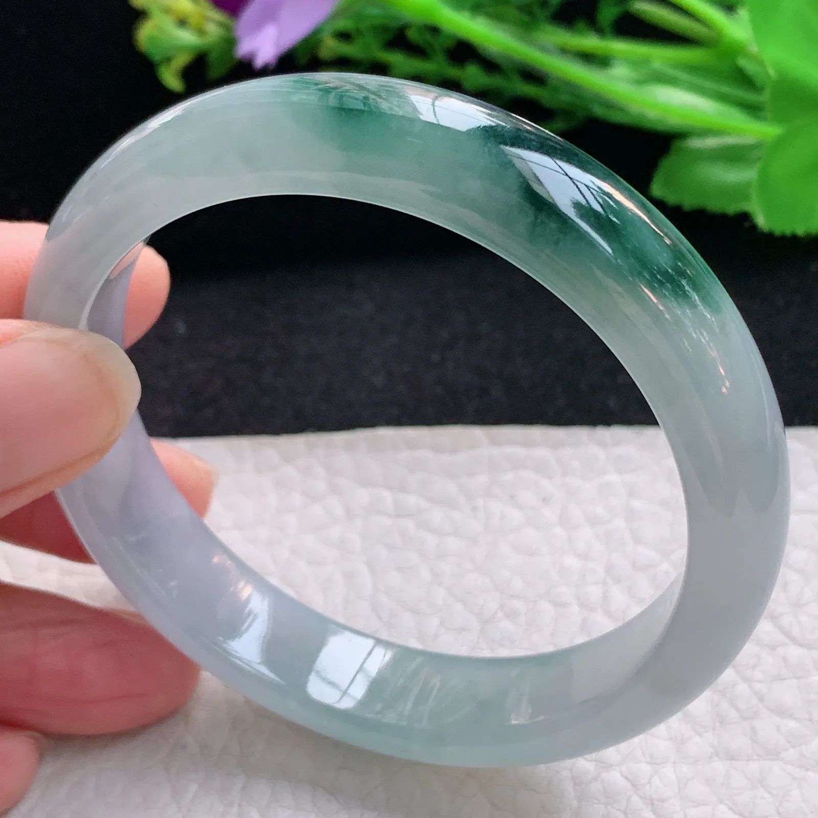 js自然光57.5*12.5*7.5平安镯 天然缅甸翡翠冰飘花宽边玉手镯 珠宝玉手环