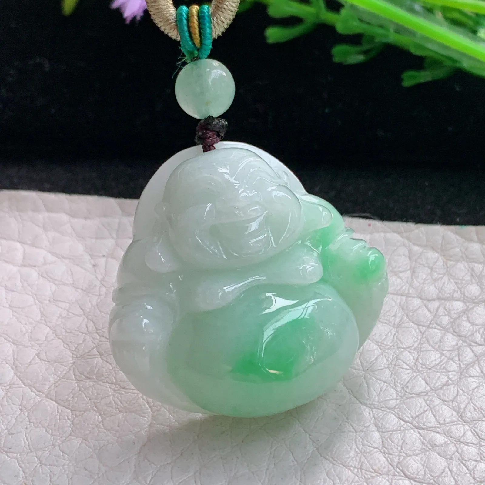 zen自然光30.8*32*12.5缅甸翡翠a货饱满飘绿佛公 弥勒佛玉吊坠 玉挂件