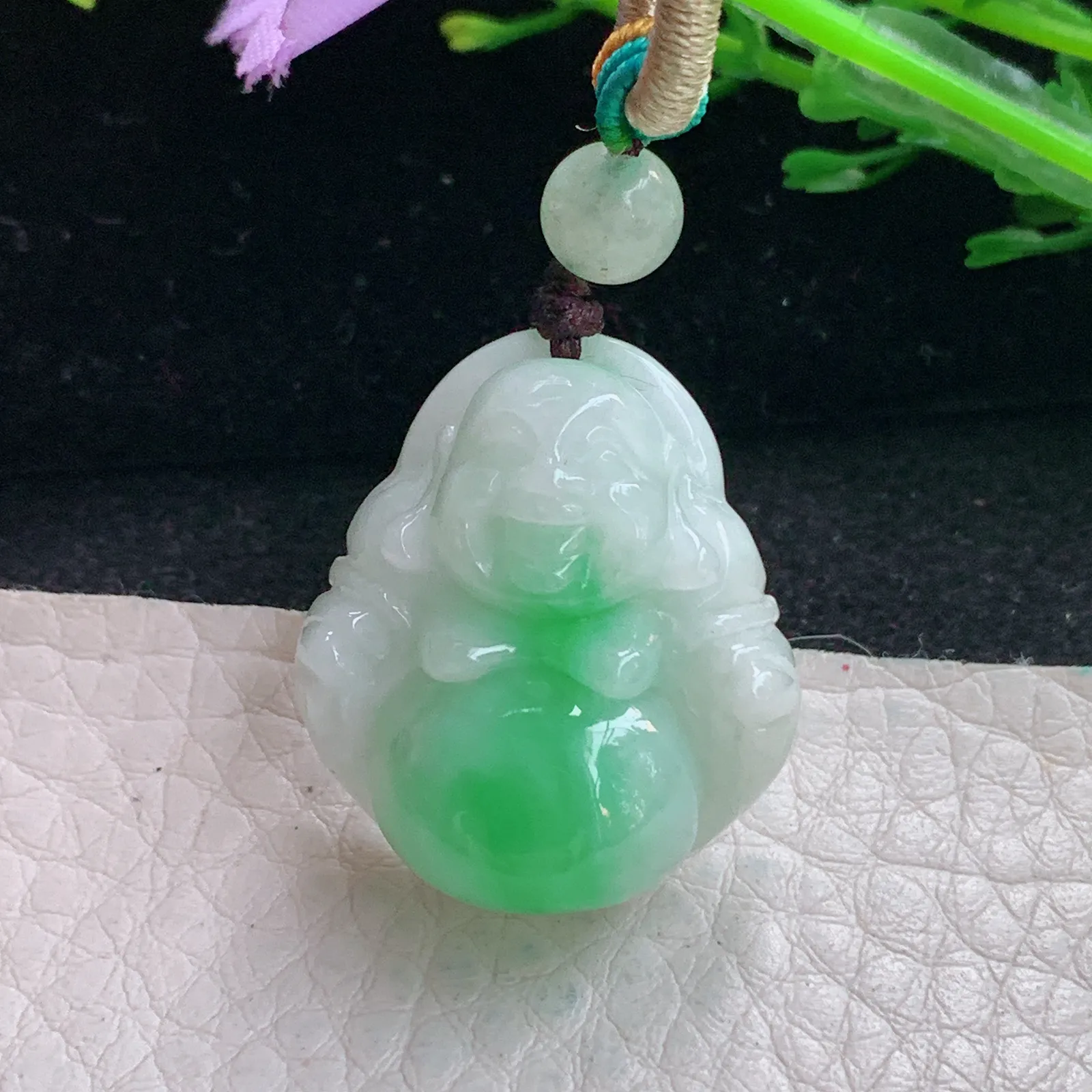 zen自然光26.7*23.5*11缅甸翡翠a货饱满飘绿佛公 弥勒佛玉吊坠 玉挂件