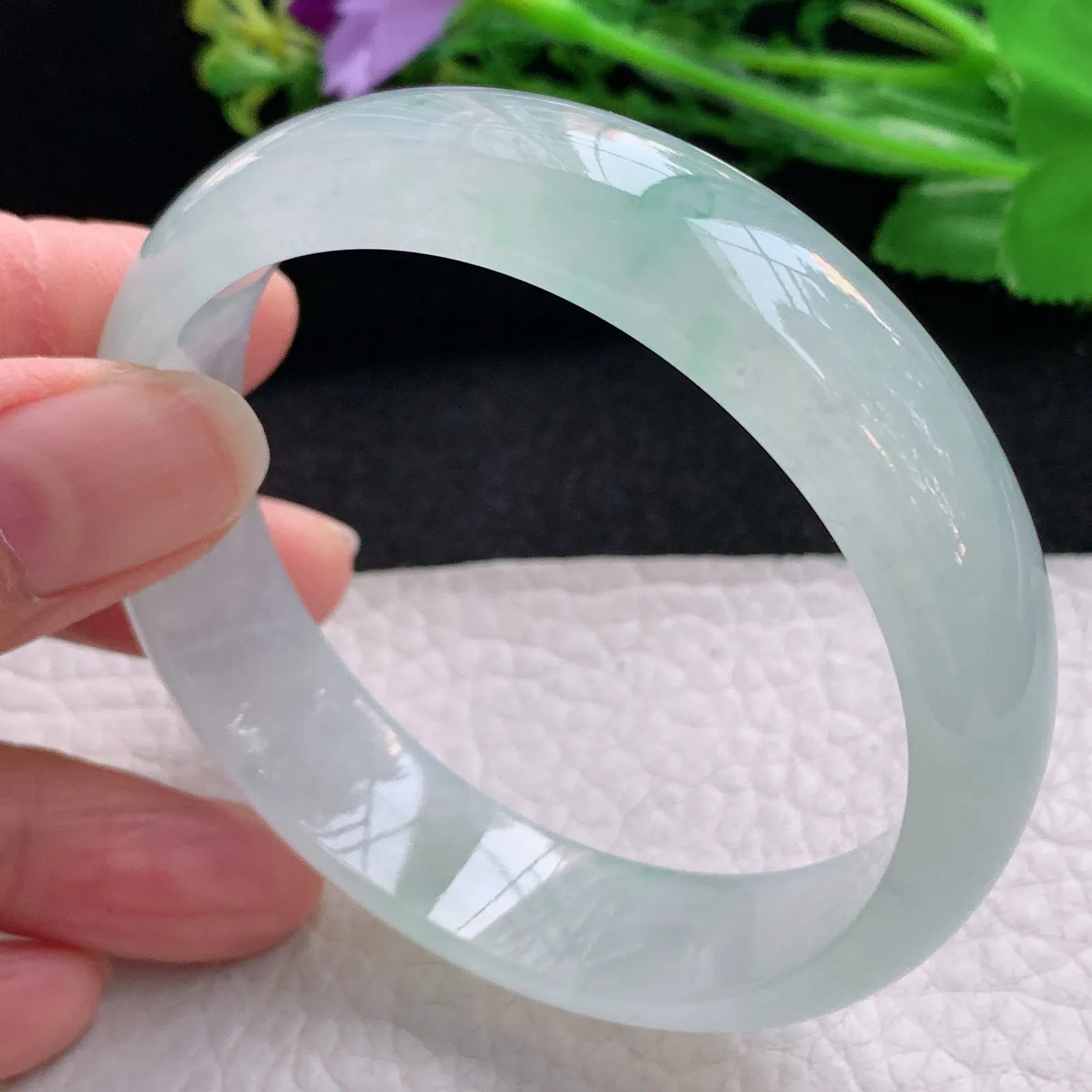 js自然光57*14.5*7平安镯 天然缅甸翡翠冰起光宽边玉手镯 珠宝玉手环