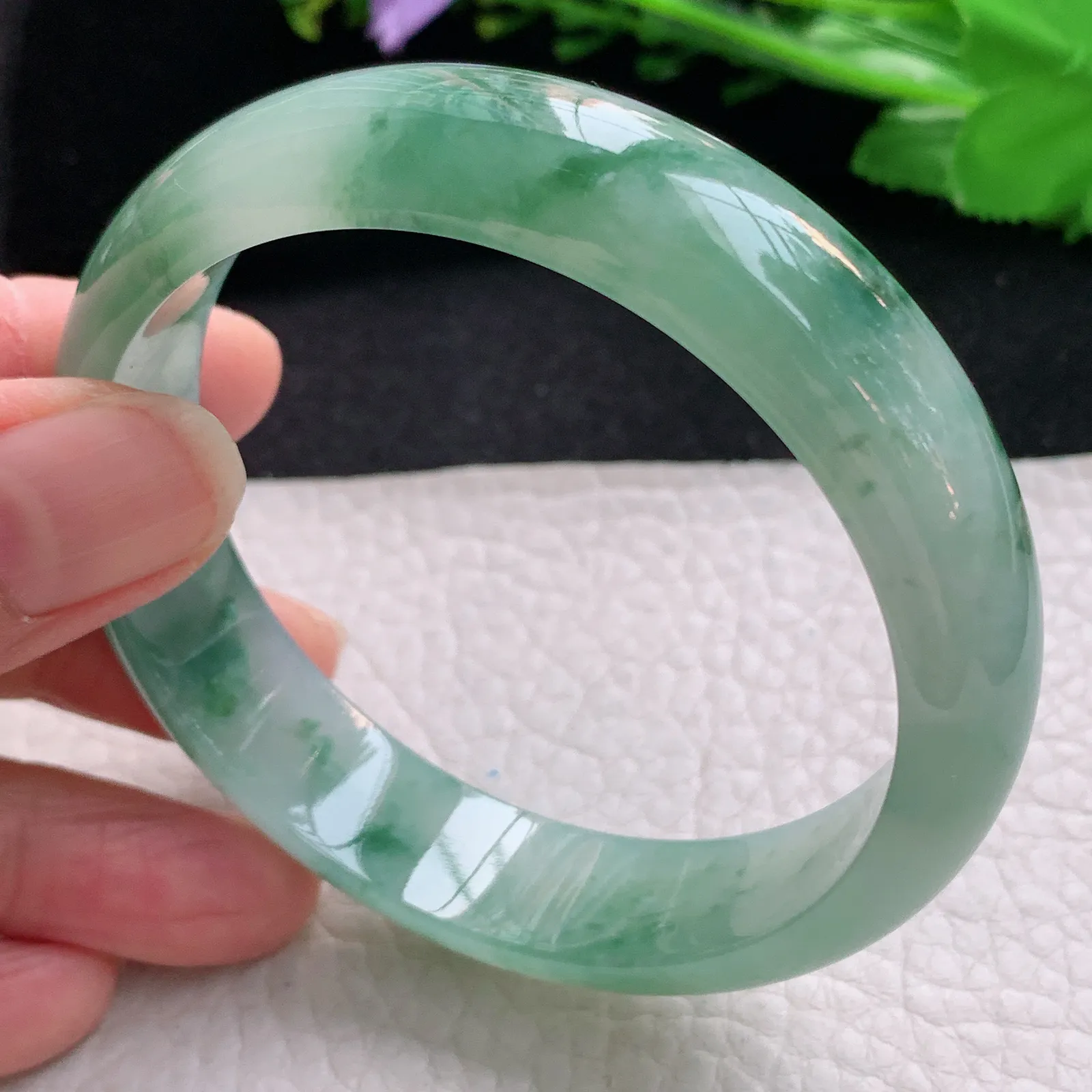 js自然光58*14.2*7.2平安镯 天然缅甸翡翠冰飘花宽边玉手镯 珠宝玉手环