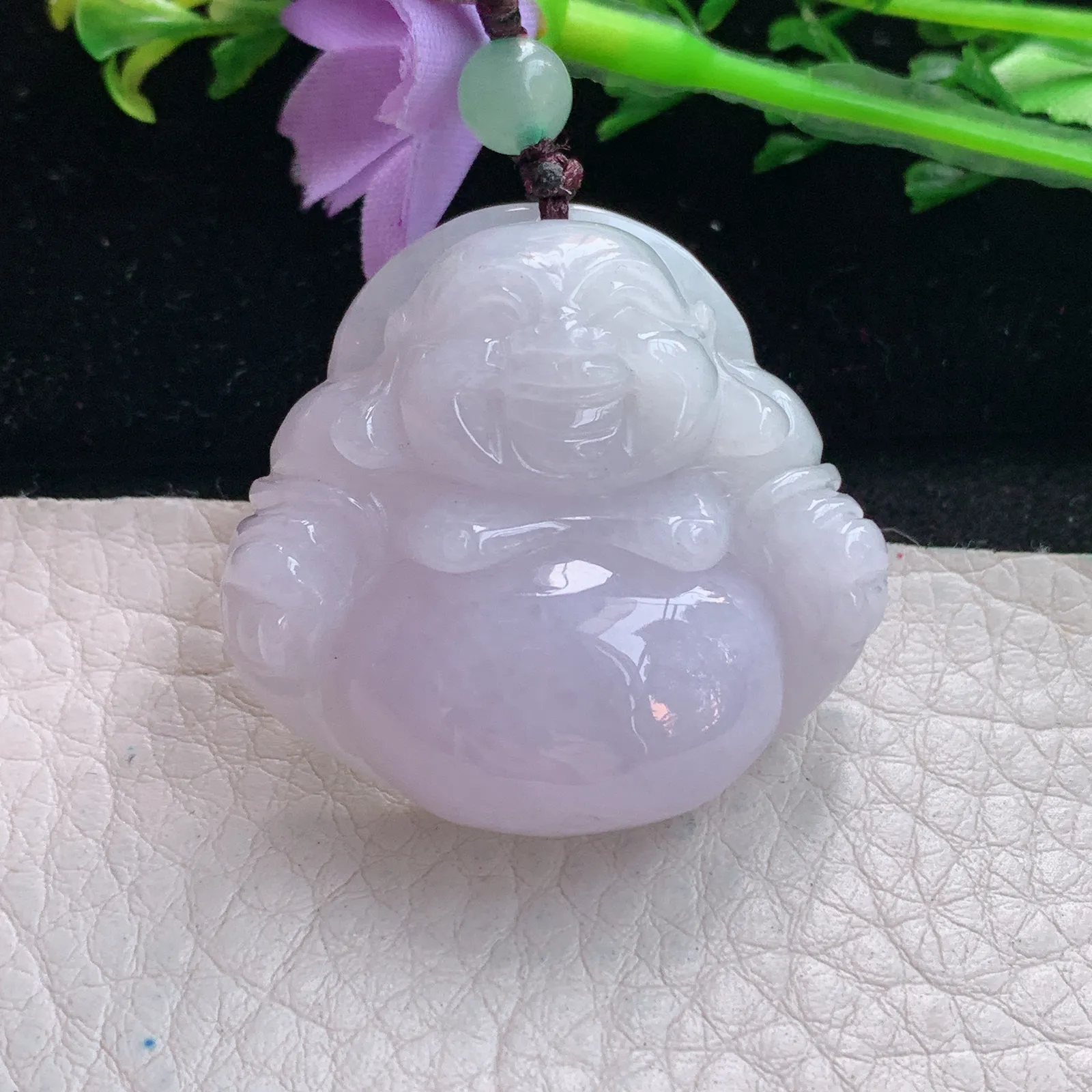 zen自然光35*37*12.8缅甸翡翠a货饱满粉紫佛公 弥勒佛玉吊坠 玉挂件