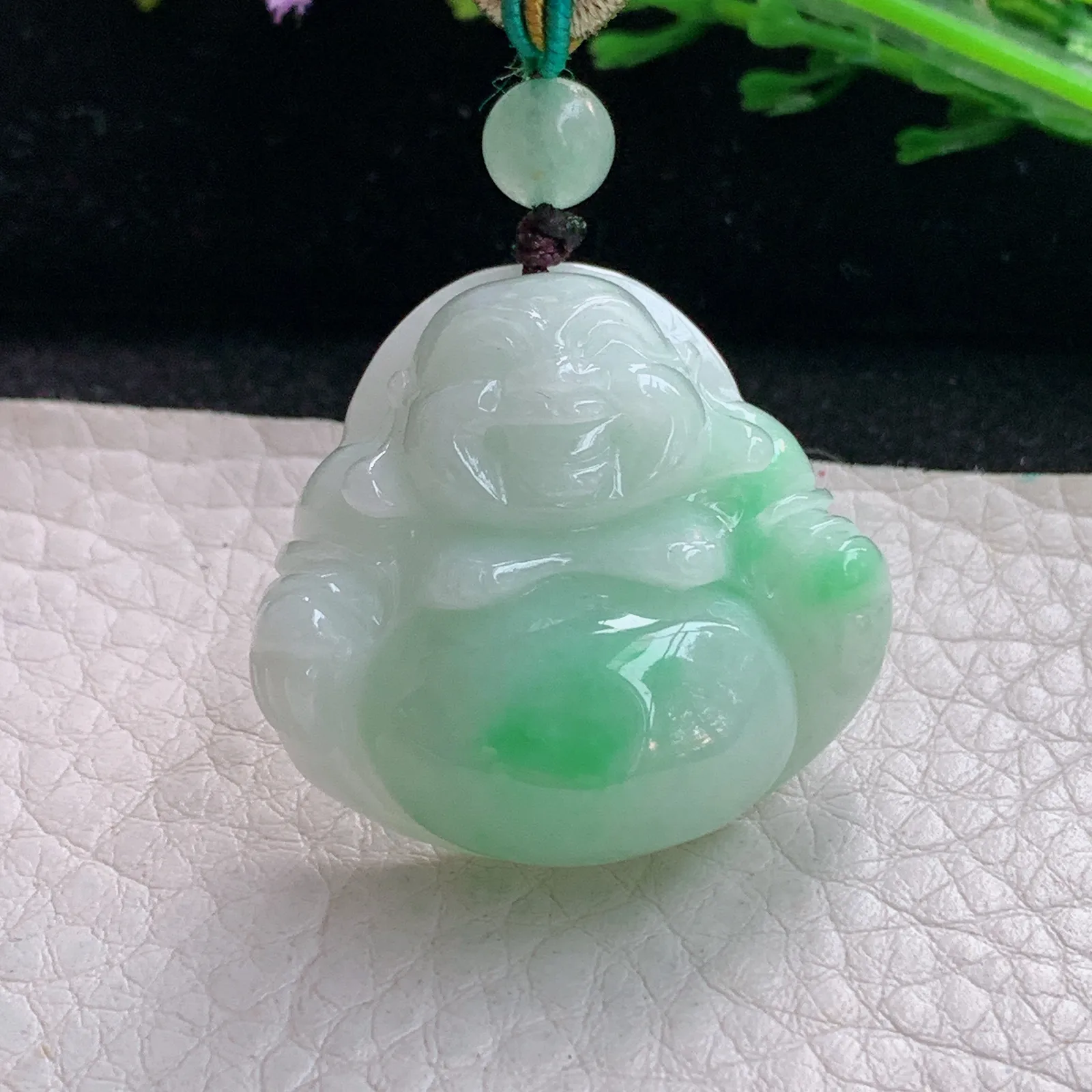 zen自然光30.8*32*12.5缅甸翡翠a货饱满飘绿佛公 弥勒佛玉吊坠 玉挂件