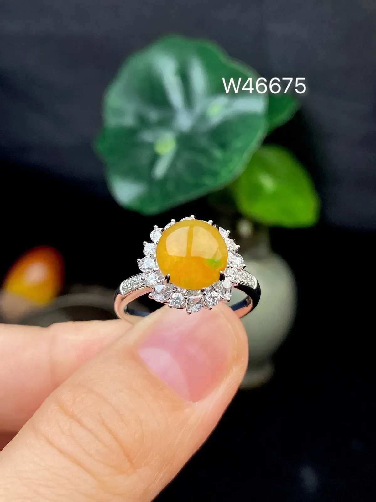 【冰种黄蛋戒指】种水上乘，晶莹剔透，纯净通透，18k金钻精美镶嵌，裸石尺寸8.6*3.8毫米，圈口可