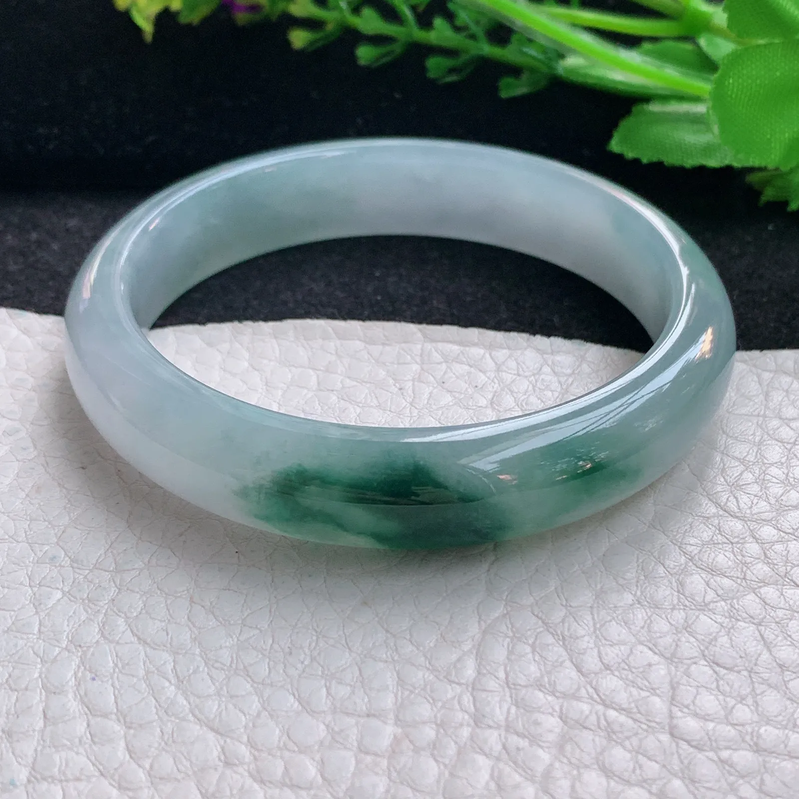 js自然光57.5*12.5*7.5平安镯 天然缅甸翡翠冰飘花宽边玉手镯 珠宝玉手环