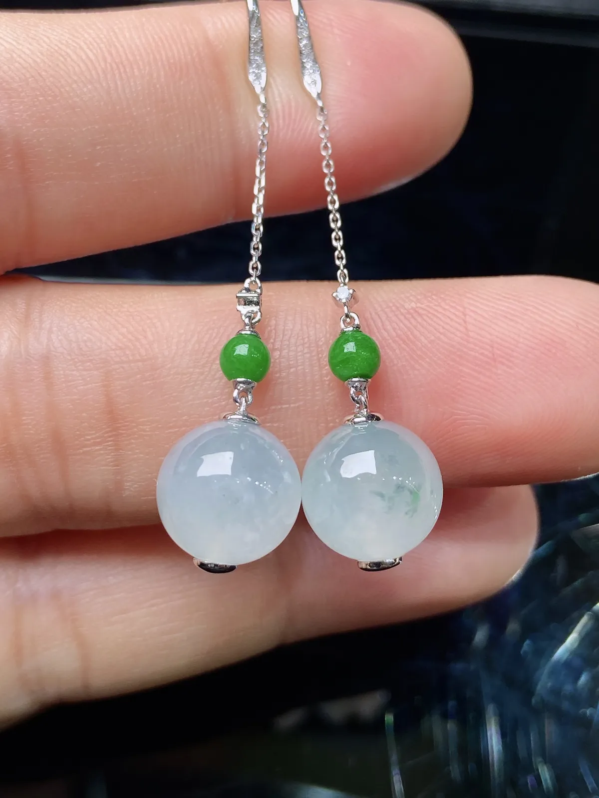 冰种圆珠耳坠，18k金镶嵌，简约时尚，冰润细腻，种水好 001y 直径9.7