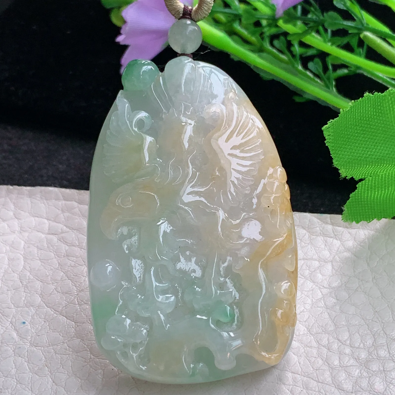 zen自然光58.6*37.8*9.9天然缅甸翡翠三彩大展鸿图玉吊坠 毛衣坠