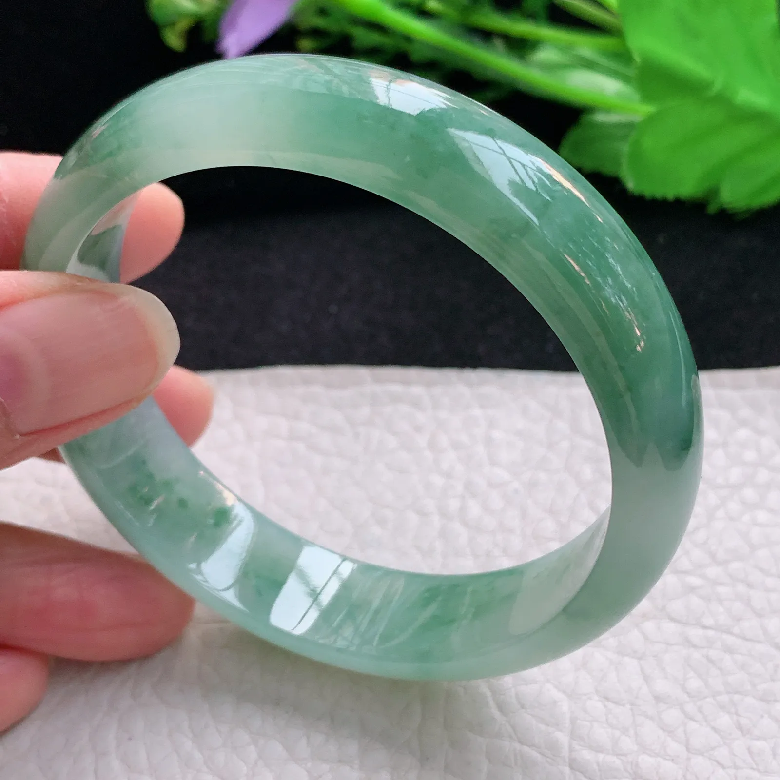js自然光58*14.2*7.2平安镯 天然缅甸翡翠冰飘花宽边玉手镯 珠宝玉手环