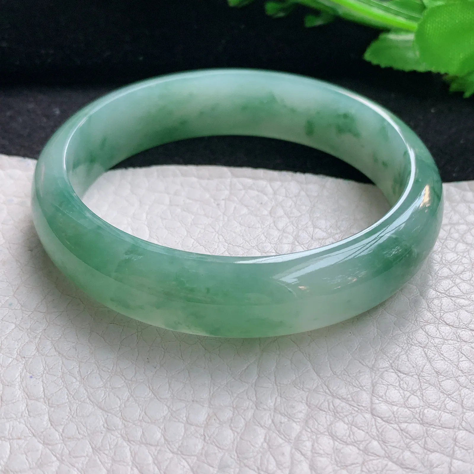 js自然光58*14.2*7.2平安镯 天然缅甸翡翠冰飘花宽边玉手镯 珠宝玉手环