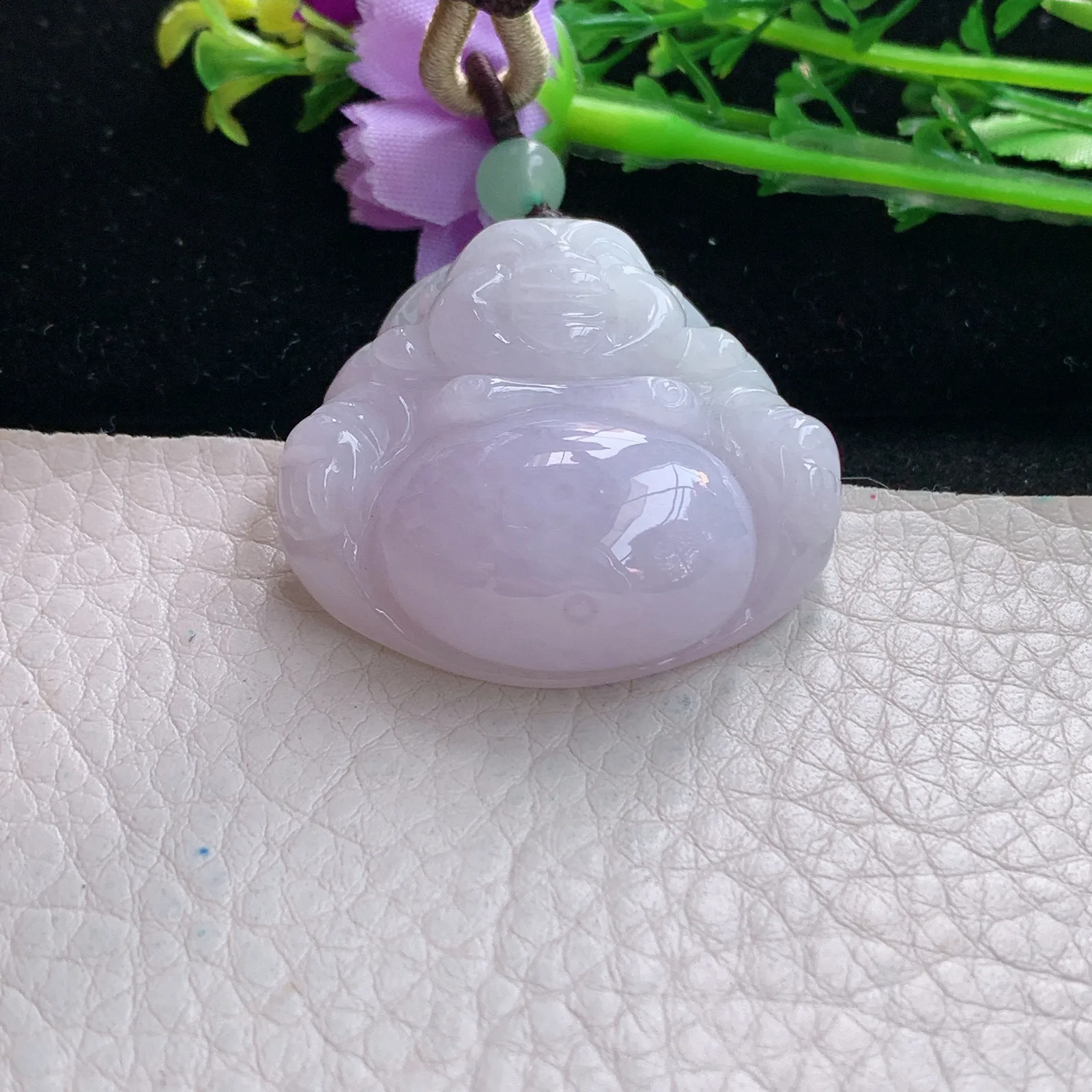 zen自然光35*37*12.8缅甸翡翠a货饱满粉紫佛公 弥勒佛玉吊坠 玉挂件