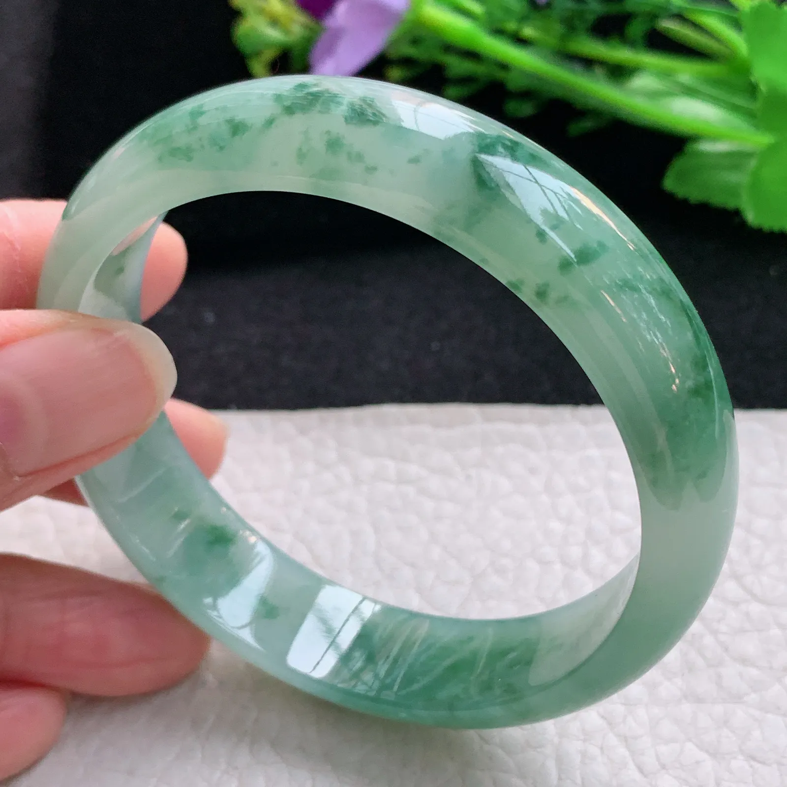 js自然光58*14.2*7.2平安镯 天然缅甸翡翠冰飘花宽边玉手镯 珠宝玉手环