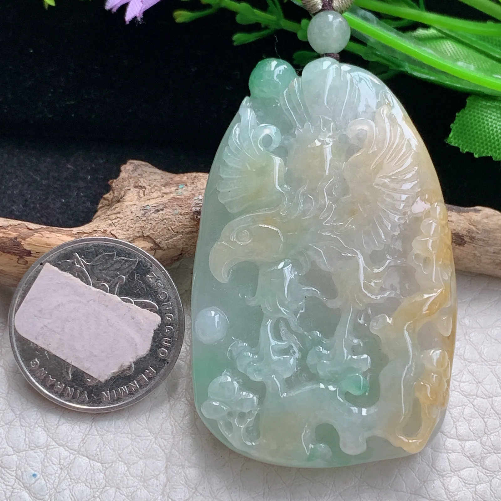 zen自然光58.6*37.8*9.9天然缅甸翡翠三彩大展鸿图玉吊坠 毛衣坠