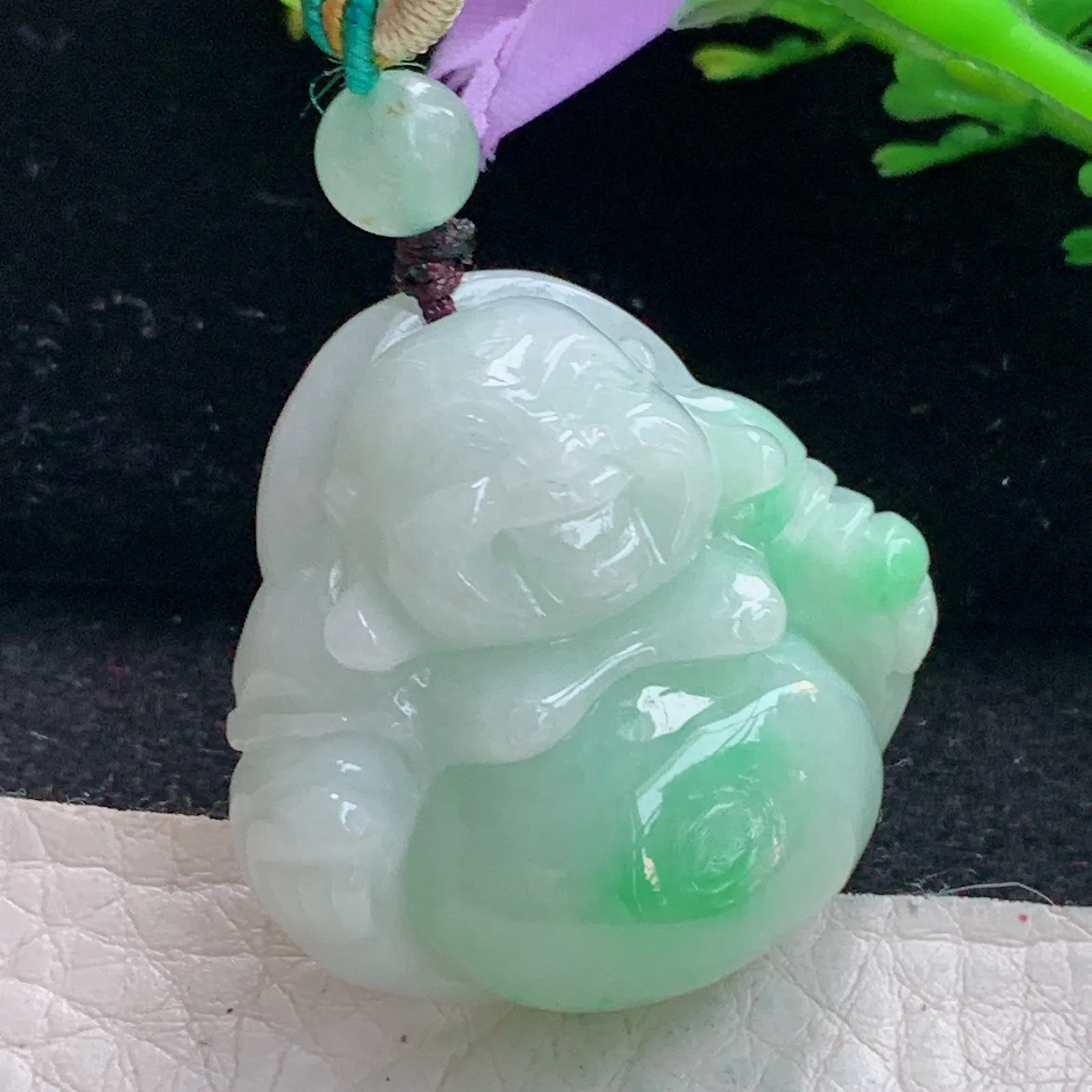 zen自然光30.8*32*12.5缅甸翡翠a货饱满飘绿佛公 弥勒佛玉吊坠 玉挂件