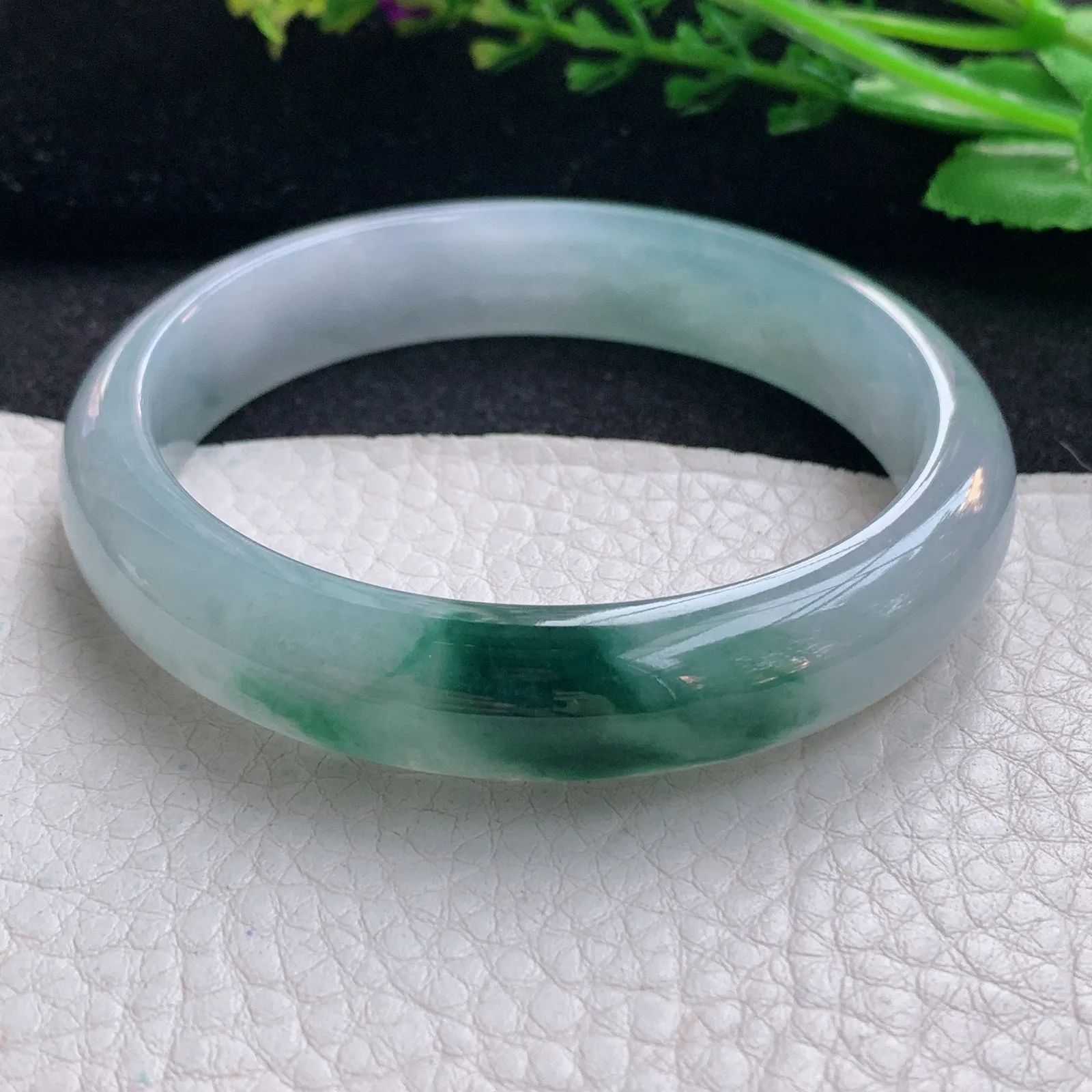 js自然光57.5*12.5*7.5平安镯 天然缅甸翡翠冰飘花宽边玉手镯 珠宝玉手环