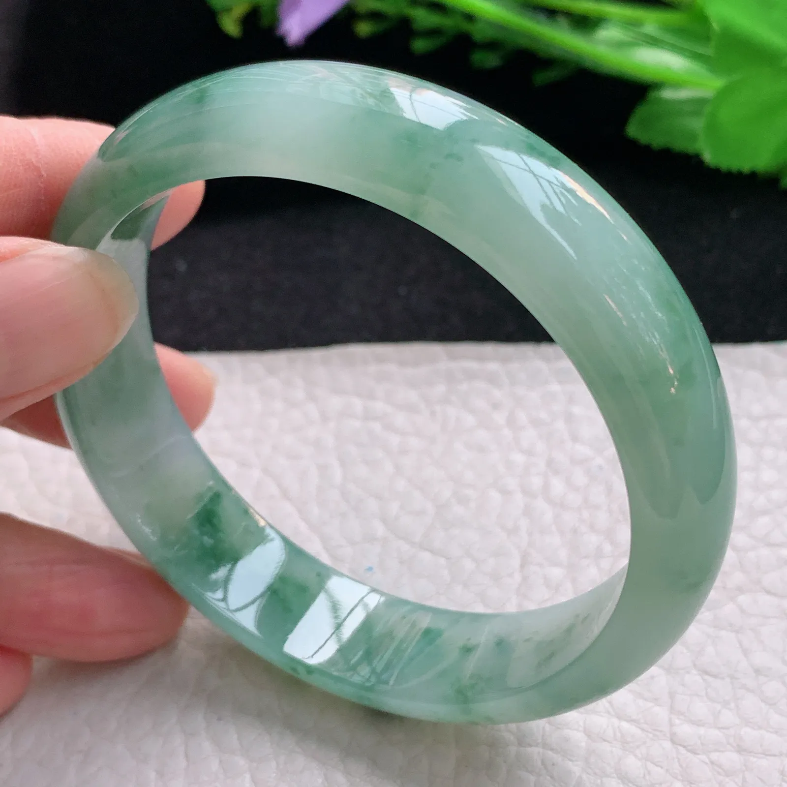 js自然光58*14.2*7.2平安镯 天然缅甸翡翠冰飘花宽边玉手镯 珠宝玉手环