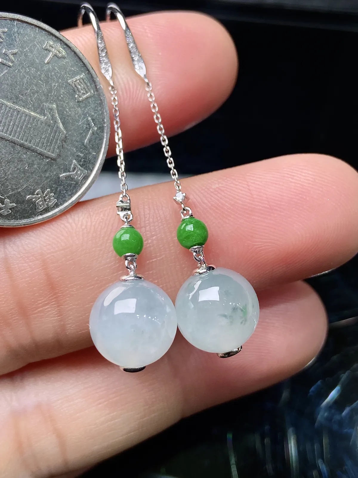 冰种圆珠耳坠，18k金镶嵌，简约时尚，冰润细腻，种水好 001y 直径9.7