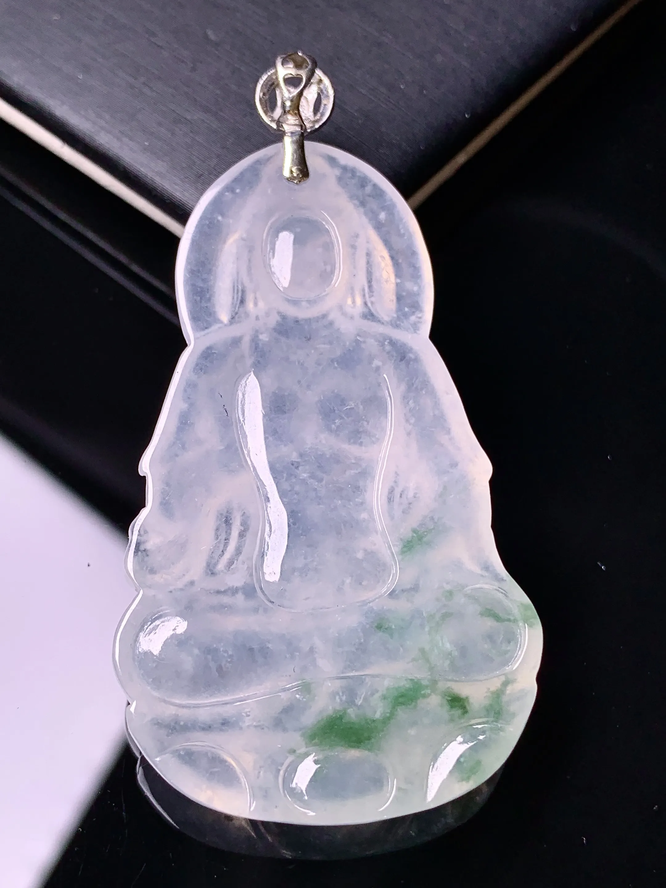 18k金钻镶嵌冰种度母吊坠 玉质细腻 水润亮眼 色泽艳丽 整体尺寸57.7*29.6*5.5