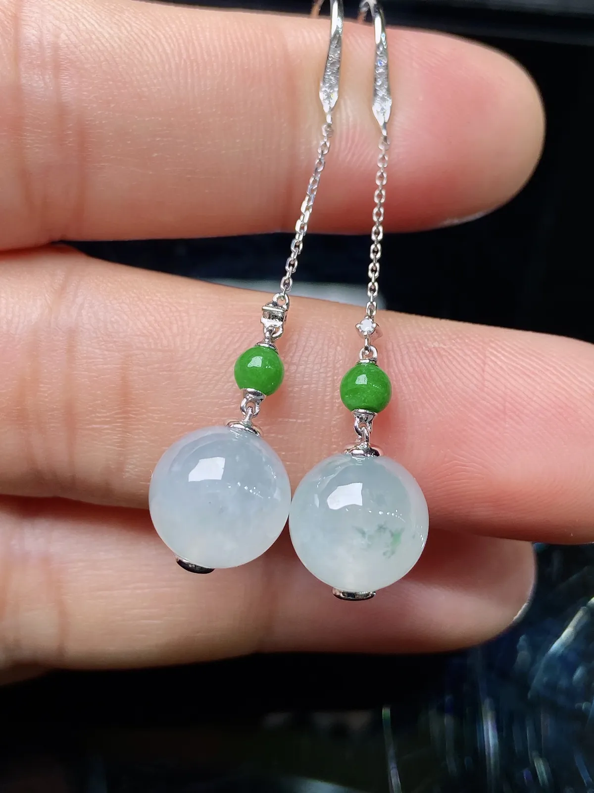 冰种圆珠耳坠，18k金镶嵌，简约时尚，冰润细腻，种水好 001y 直径9.7