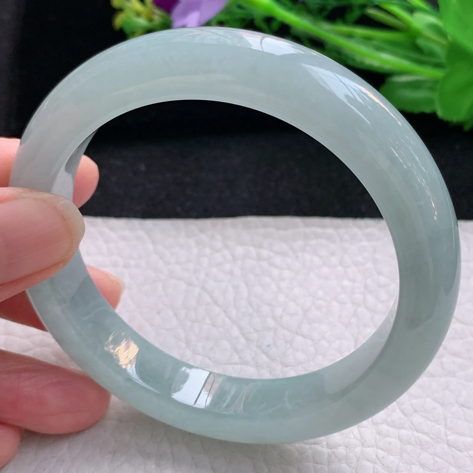 nr大圈口59.8*12.3*9.2平安镯 天然缅甸翡翠冰润淡雅宽边玉手镯 珠宝玉手环