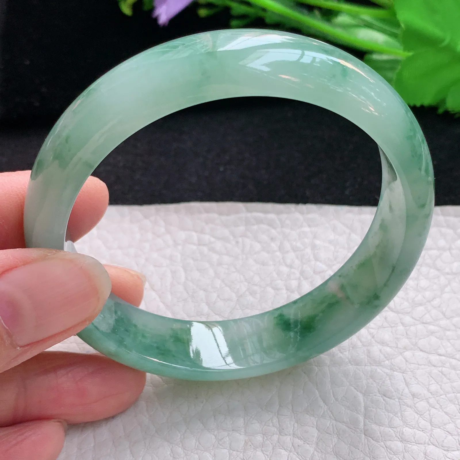 js自然光58*14.2*7.2平安镯 天然缅甸翡翠冰飘花宽边玉手镯 珠宝玉手环