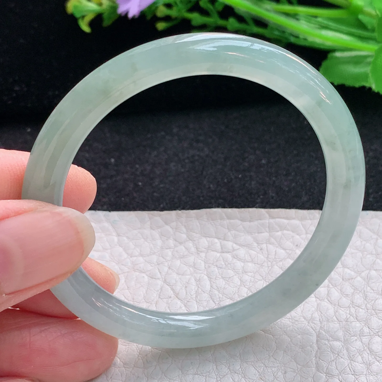 n小黑口51.5*6.8*7叮当镯 翡翠a货玉手镯冰润秀气圆条珠宝玉手环