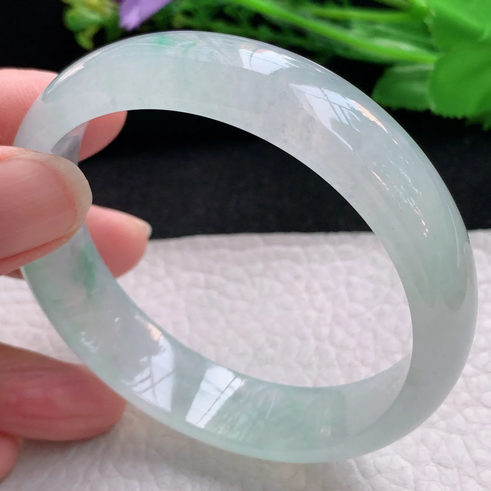 js自然光57*14.5*7平安镯 天然缅甸翡翠冰起光宽边玉手镯 珠宝玉手环