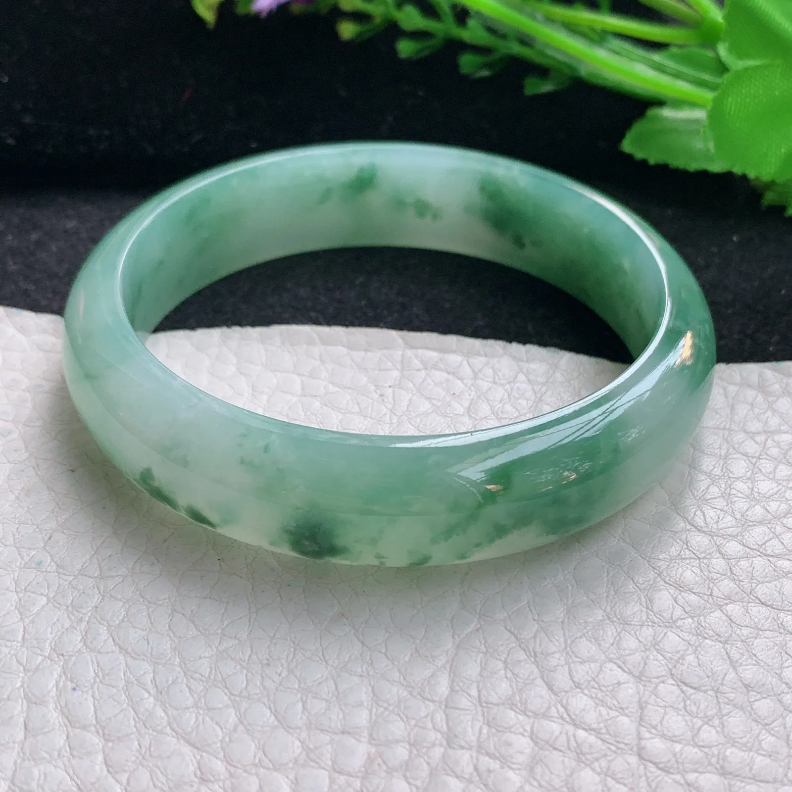 js自然光58*14.2*7.2平安镯 天然缅甸翡翠冰飘花宽边玉手镯 珠宝玉手环