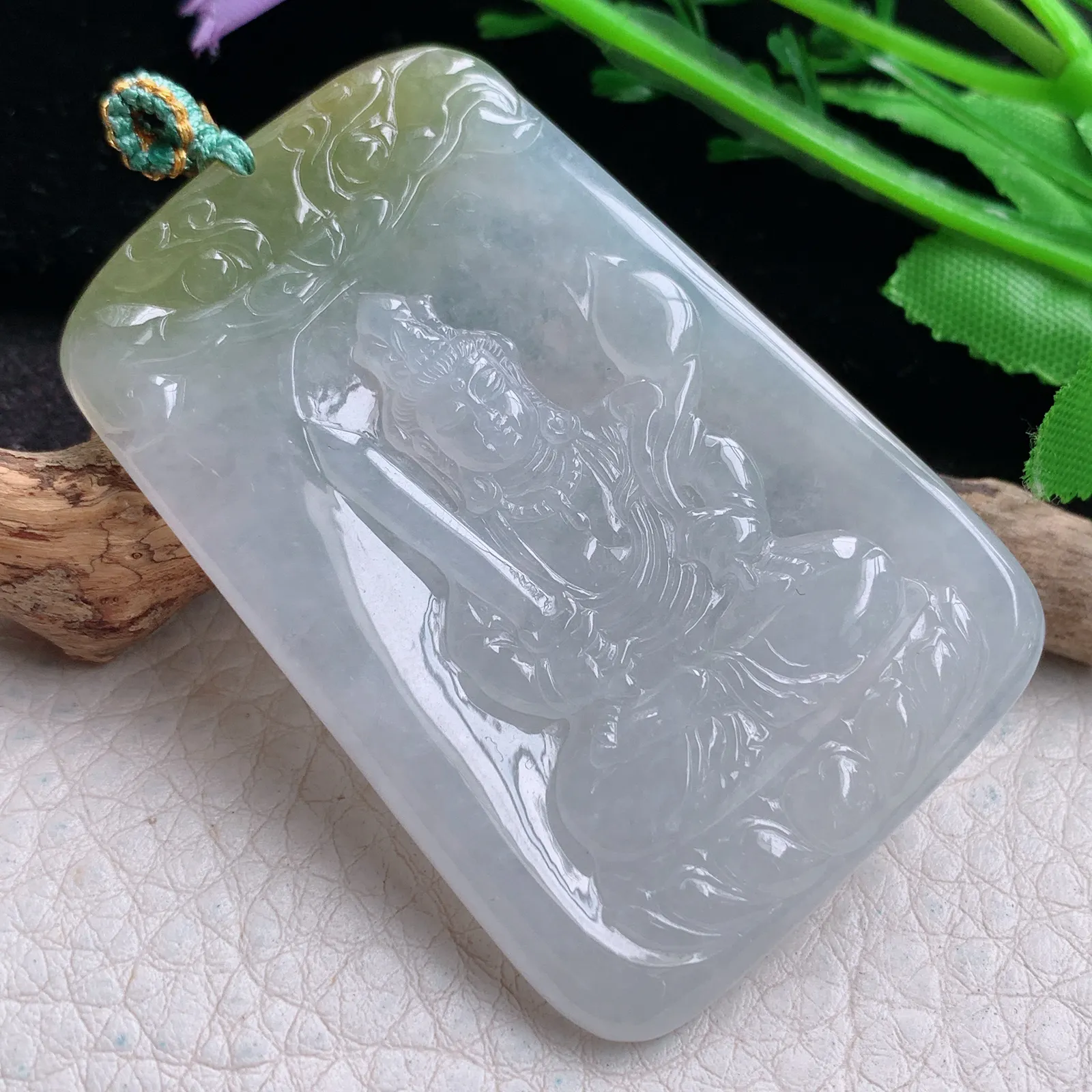 yn实拍58*39*4.8缅甸翡翠a货精雕冰双彩虚空藏菩萨玉吊坠 玉挂件