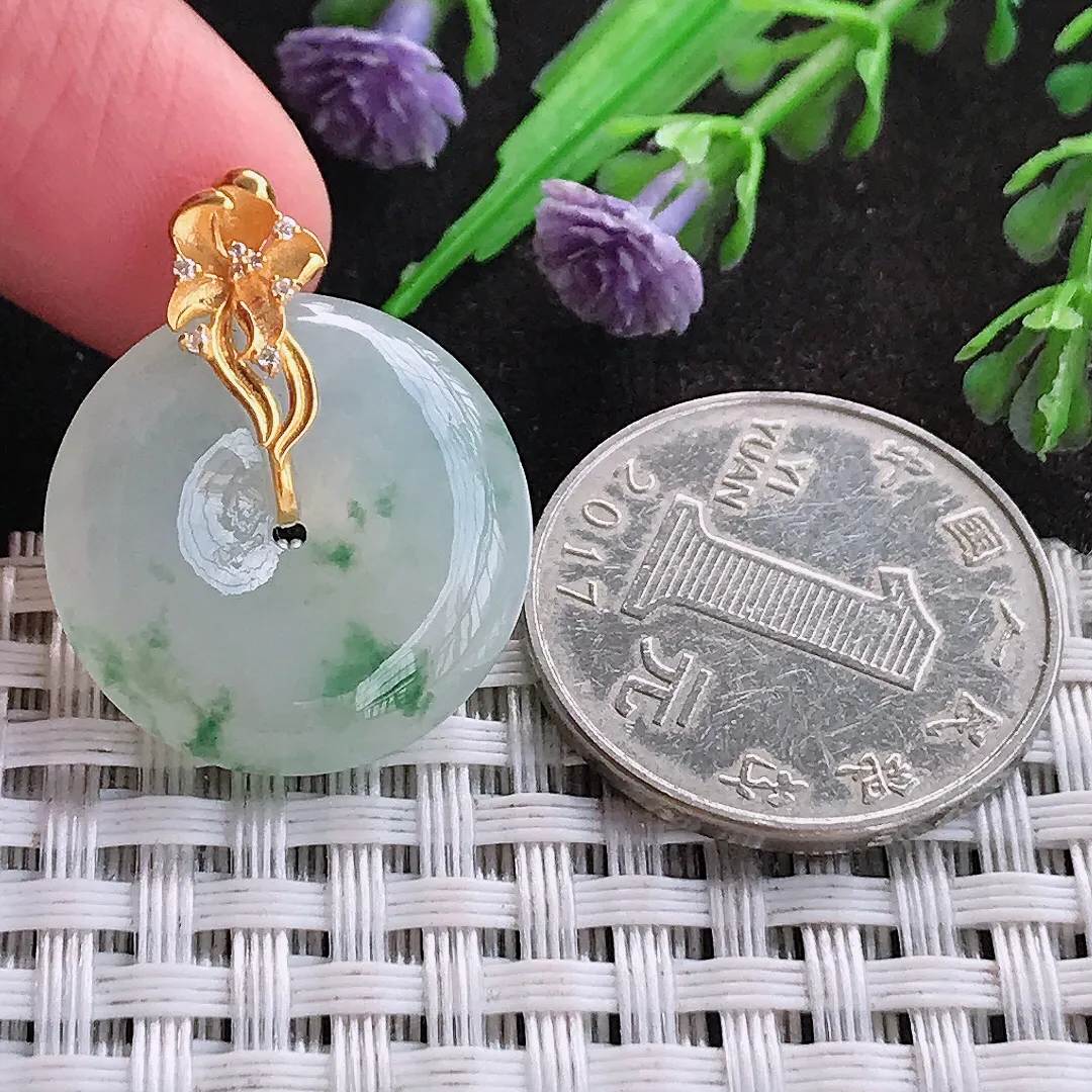 天然A货翡翠21.6/5.7老坑18k金镶嵌冰胶飘花平安扣吊坠翡翠小扣子