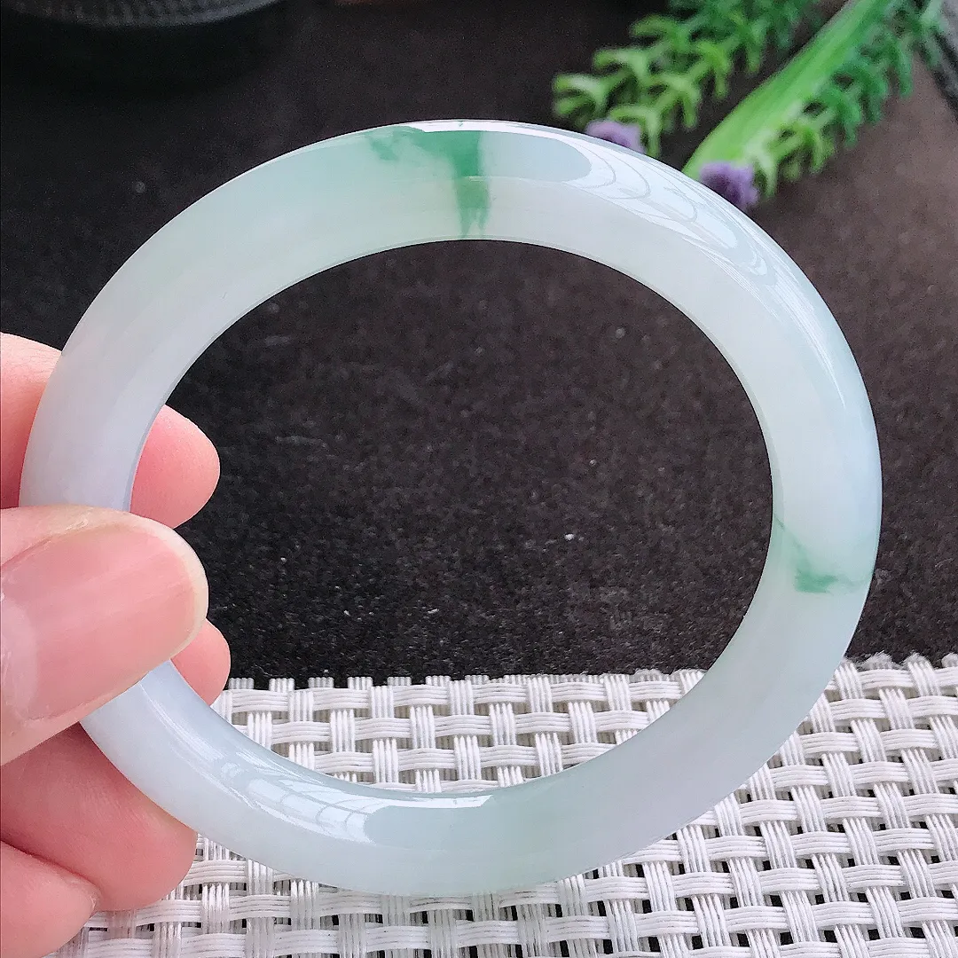 天然A货翡翠54.5/9老坑冰胶果冻飘花圆条手镯翡翠玉镯