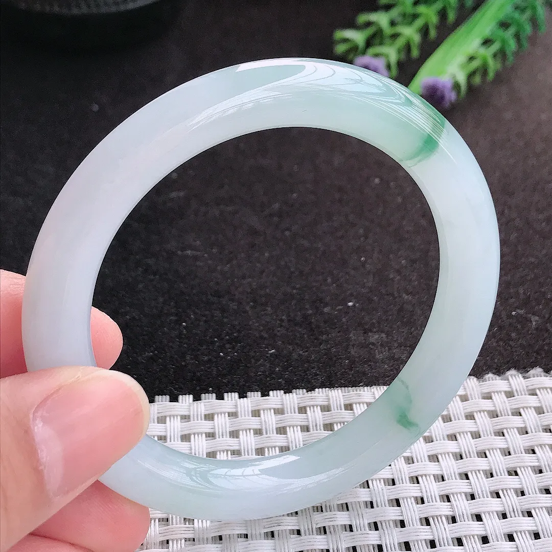 天然A货翡翠54.5/9老坑冰胶果冻飘花圆条手镯翡翠玉镯