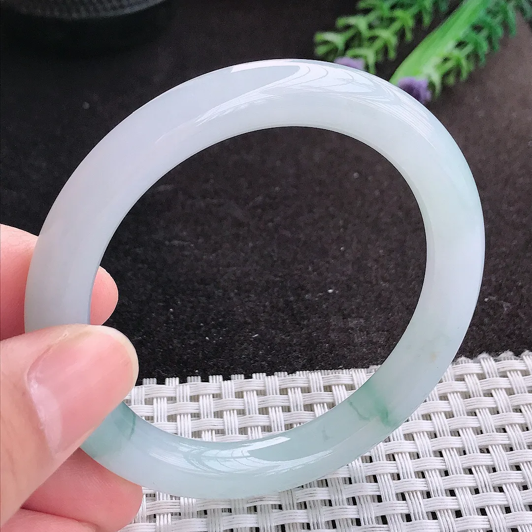 天然A货翡翠54.5/9老坑冰胶果冻飘花圆条手镯翡翠玉镯